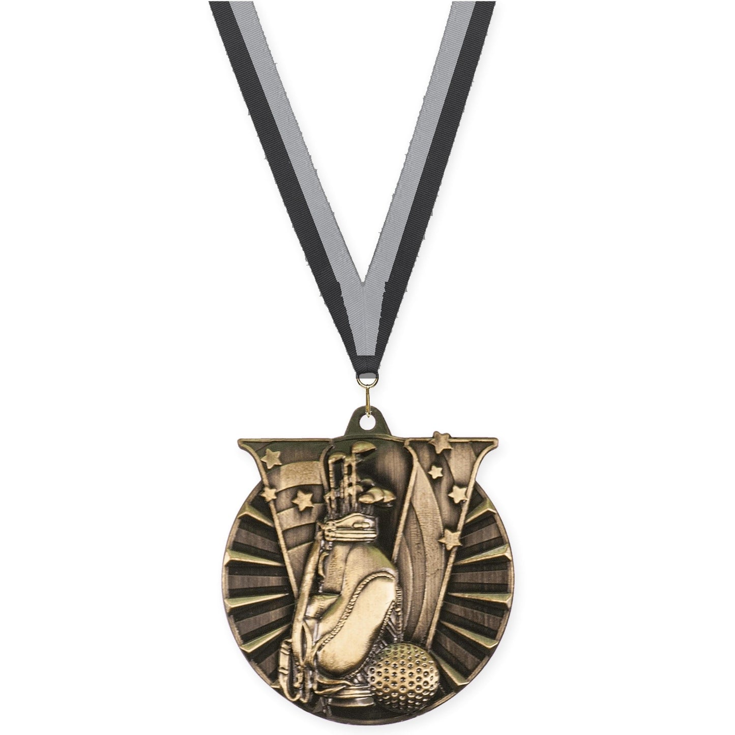 2 inch golf Victory medal in antique gold with Black Gray neck ribbon