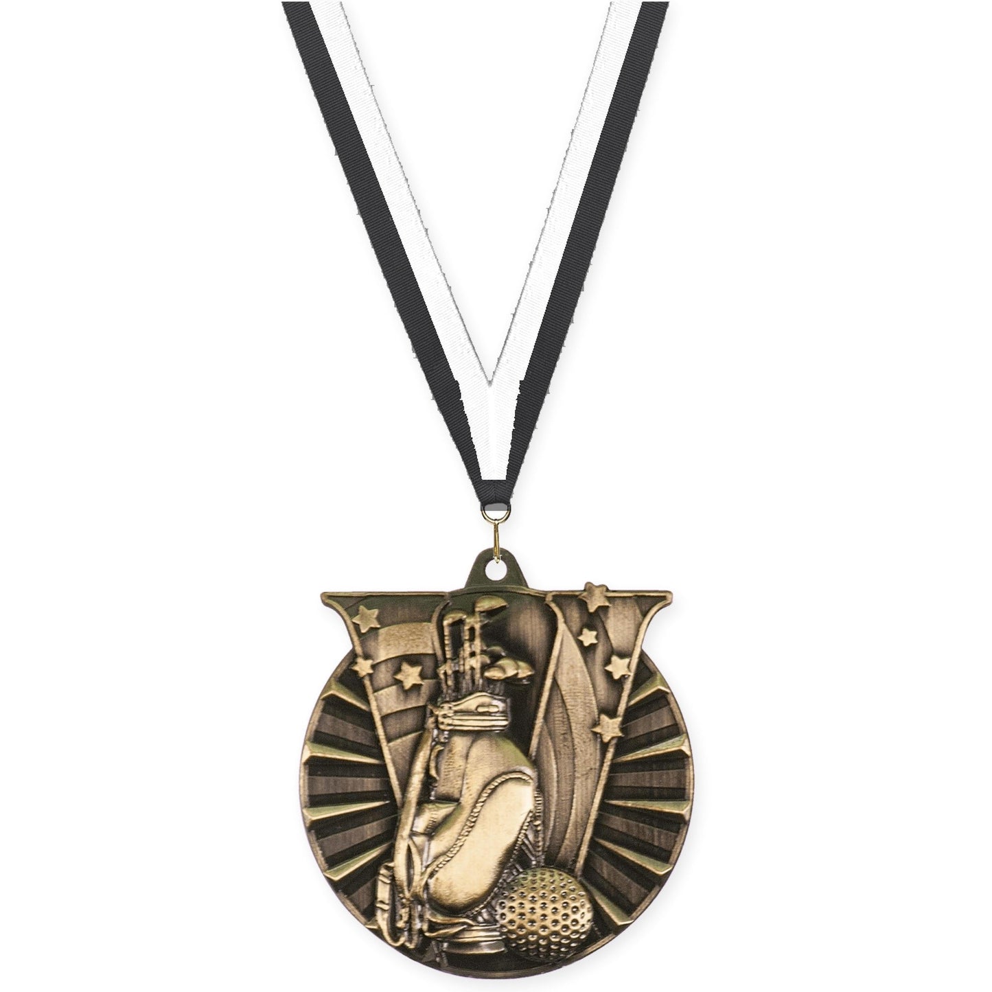 2 inch golf Victory medal in antique gold with Black White neck ribbon