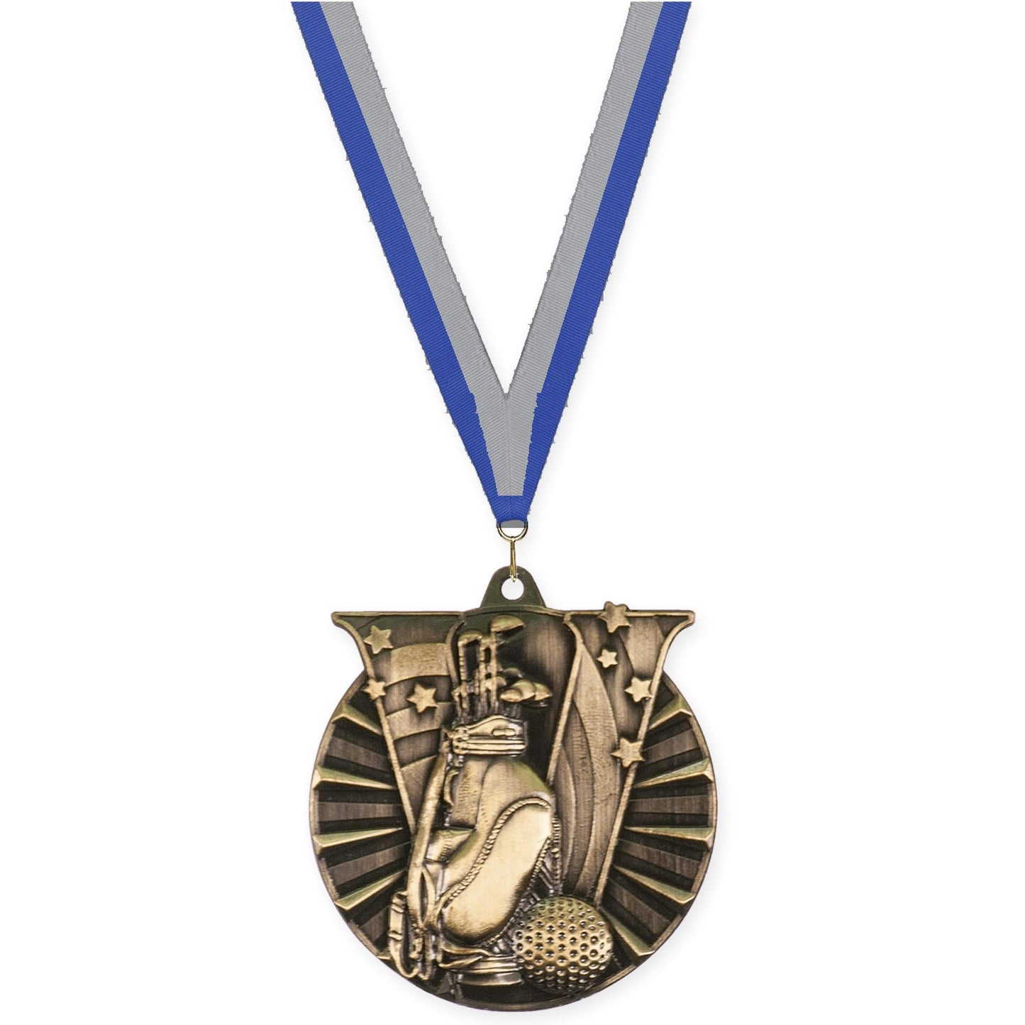 2 inch golf Victory medal in antique gold with Blue Gray neck ribbon