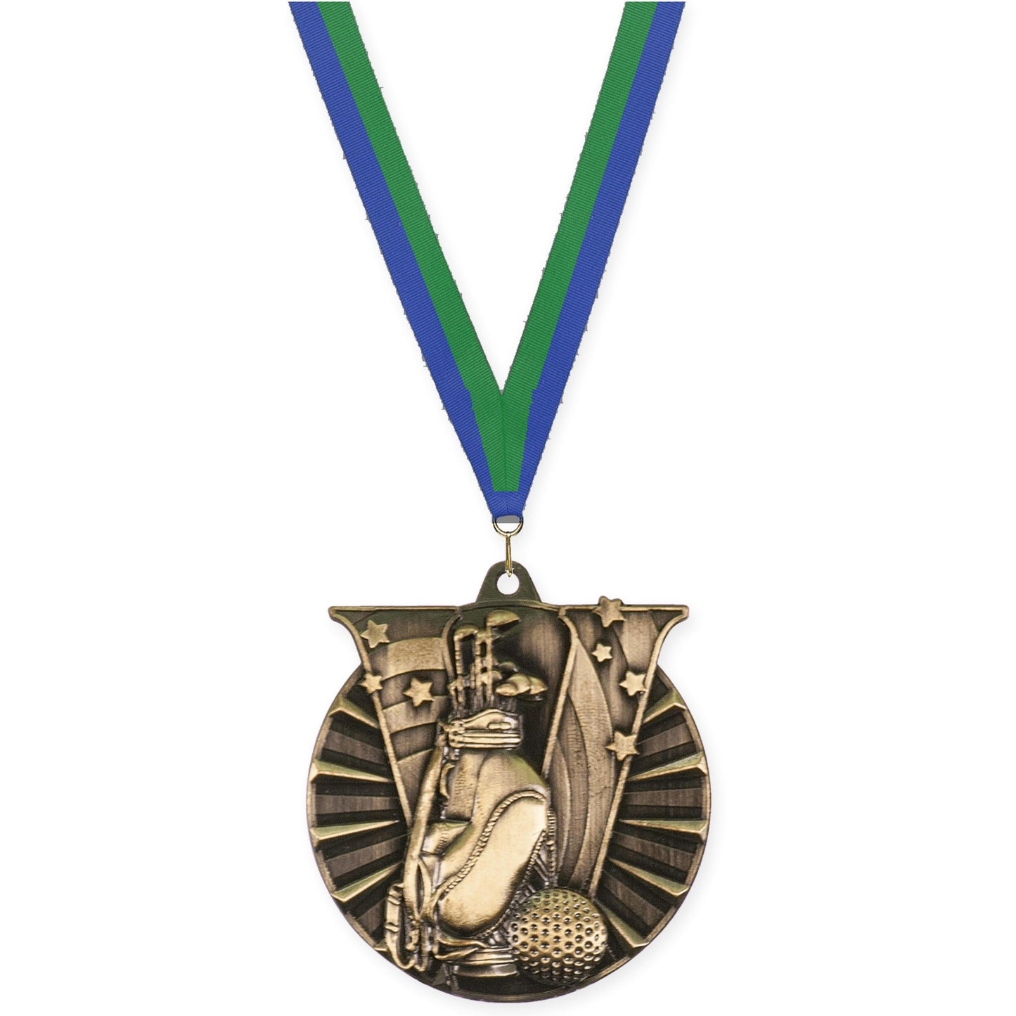 2 inch golf Victory medal in antique gold with Blue Green neck ribbon