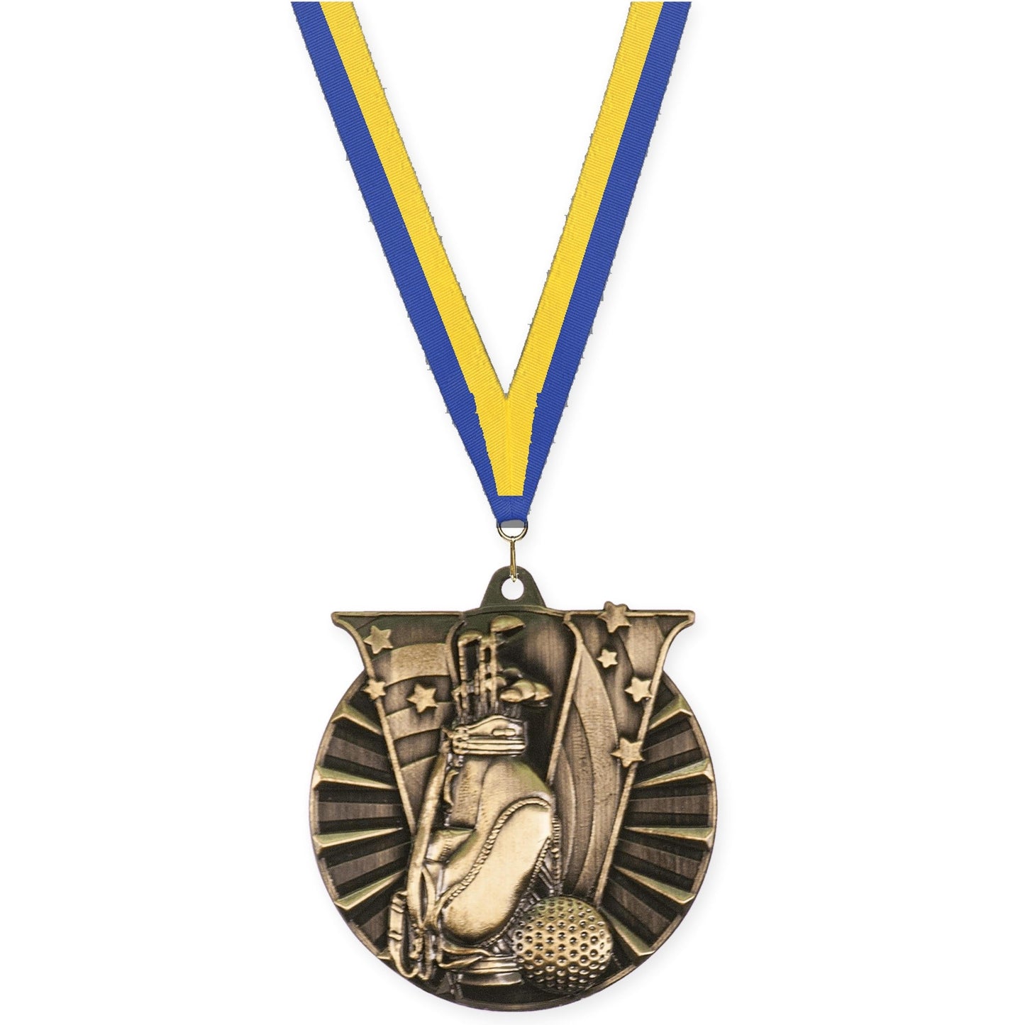 2 inch golf Victory medal in antique gold with Blue Yellow neck ribbon