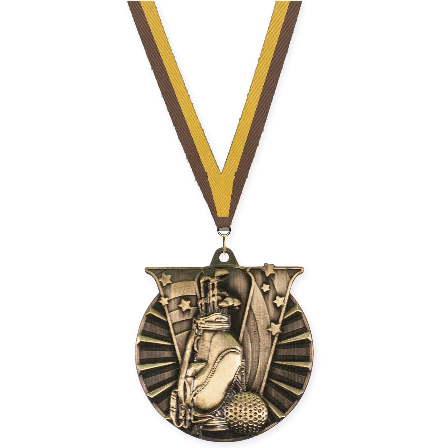 2 inch golf Victory medal in antique gold with Brown Gold neck ribbon