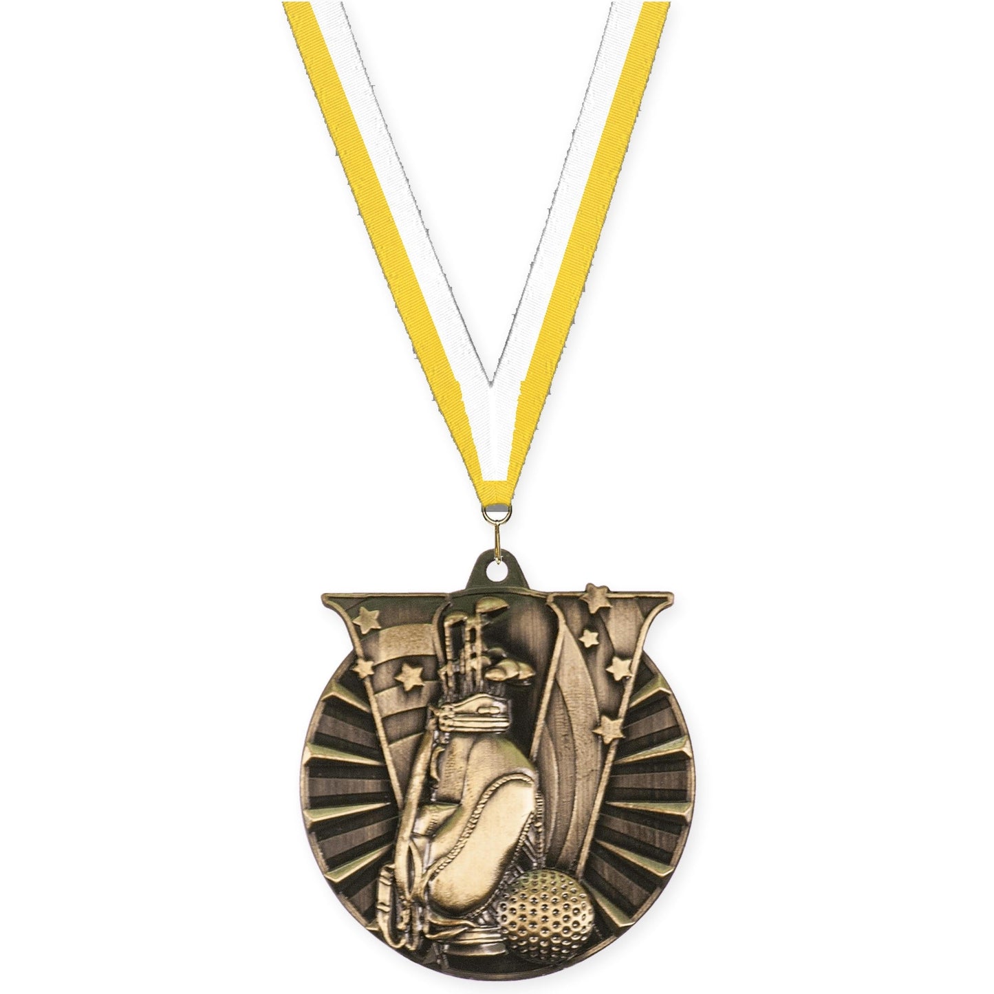 2 inch golf Victory medal in antique gold with Yellow White neck ribbon