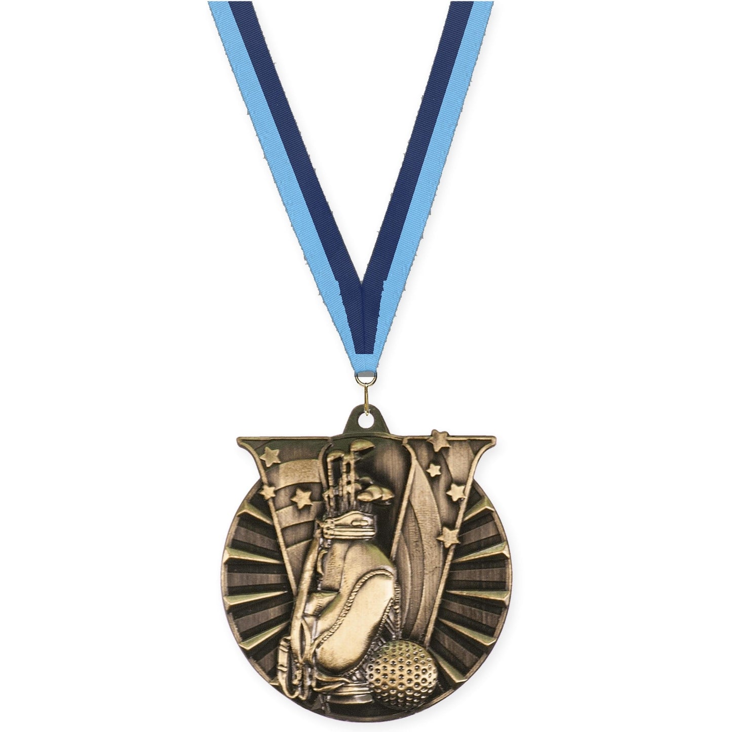 2 inch golf Victory medal in antique gold with Light Blue Navy neck ribbon