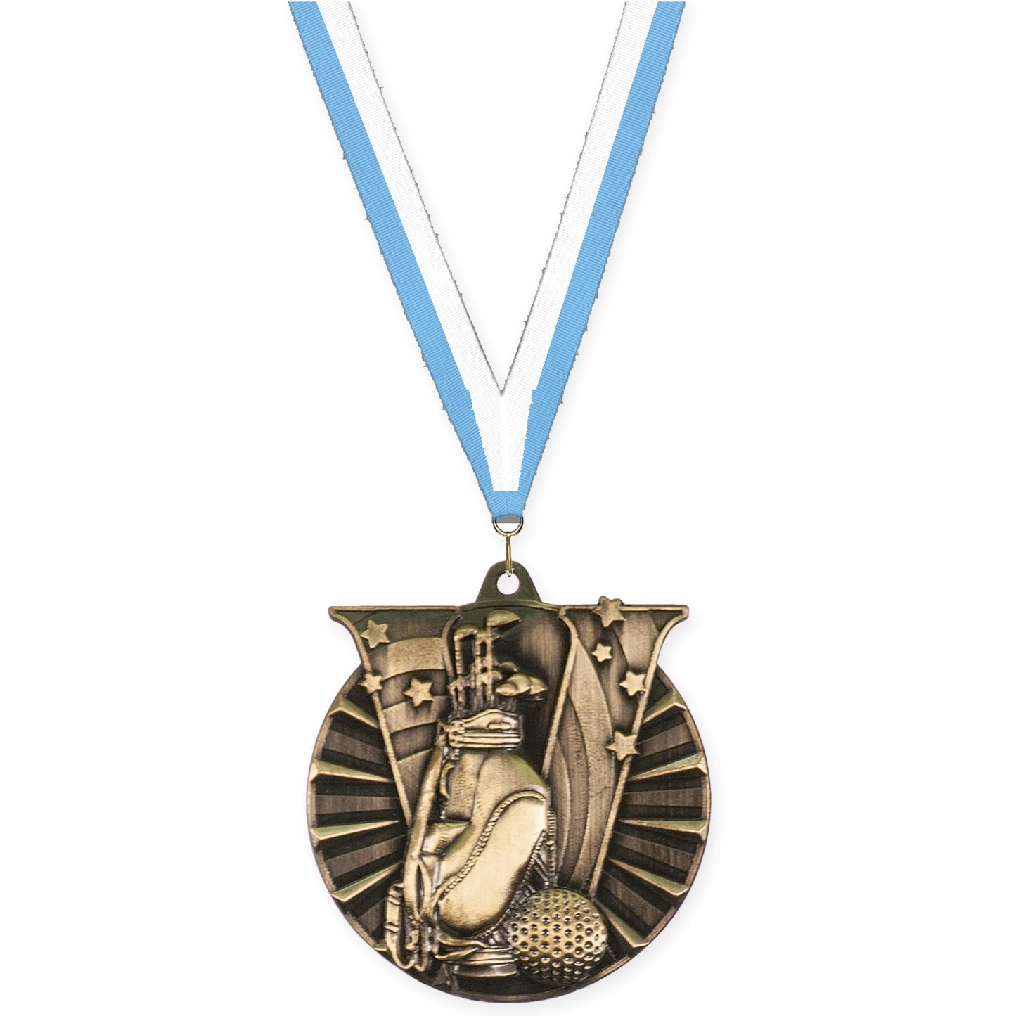 2 inch golf Victory medal in antique gold with Light Blue White neck ribbon