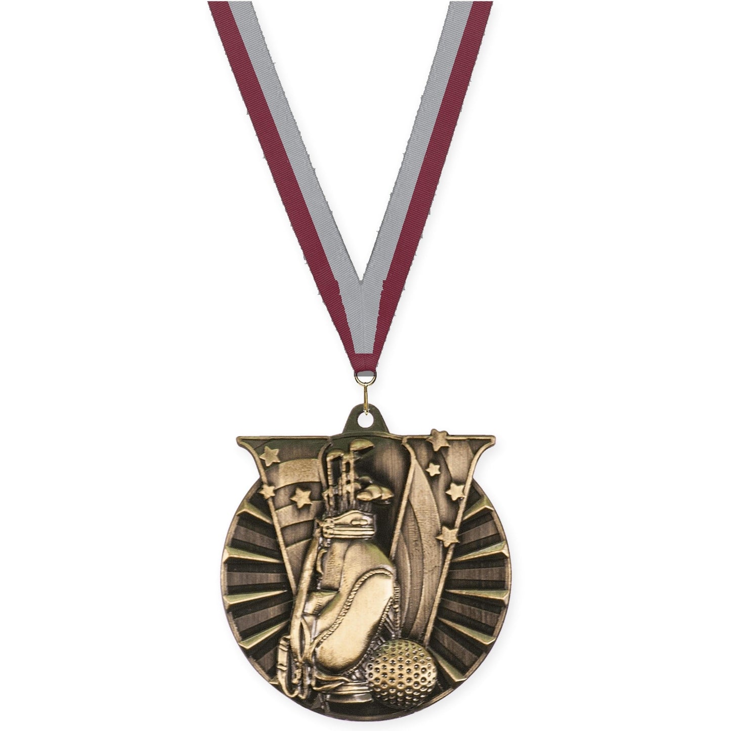 2 inch golf Victory medal in antique gold with Maroon Gray neck ribbon