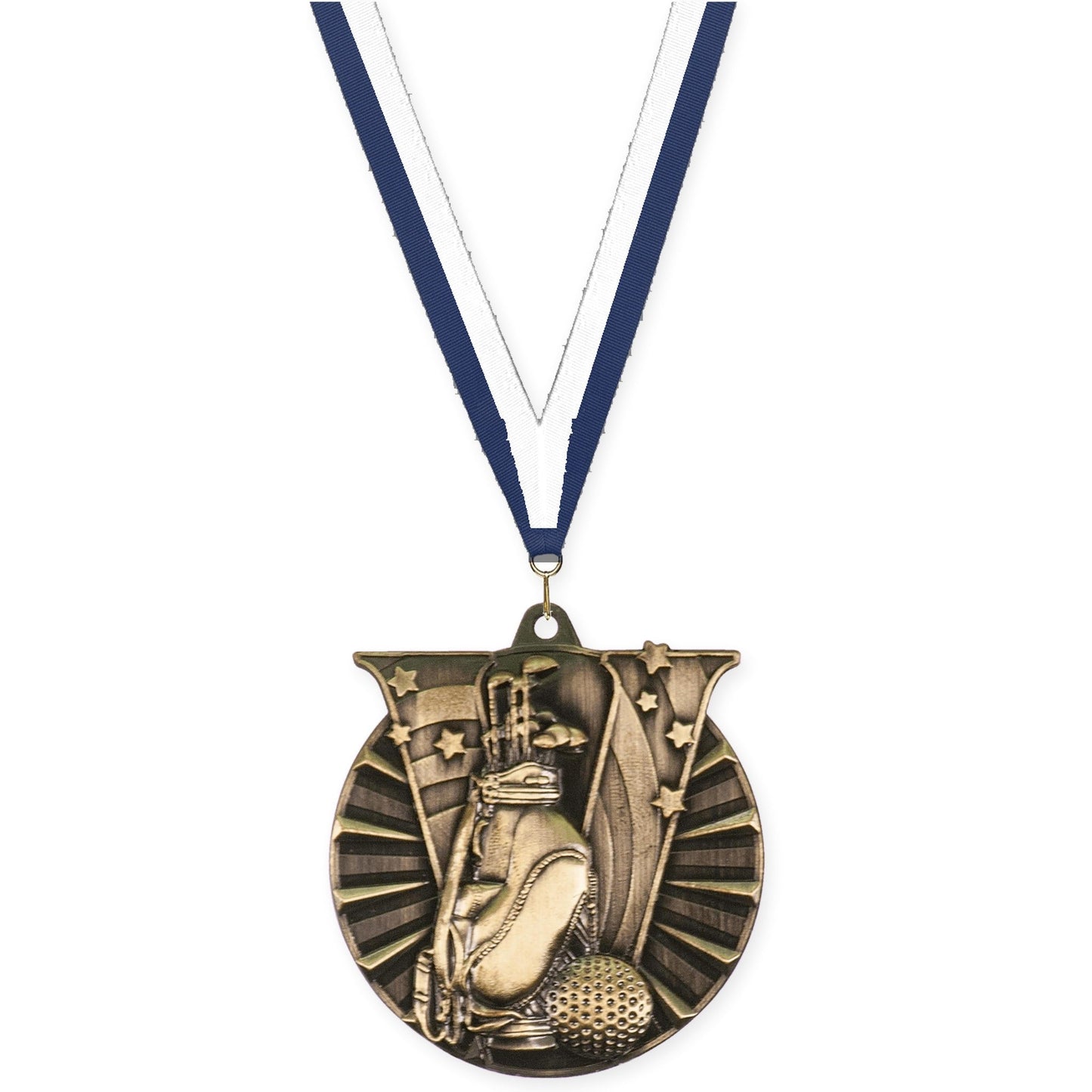 2 inch golf Victory medal in antique gold with Navy White neck ribbon