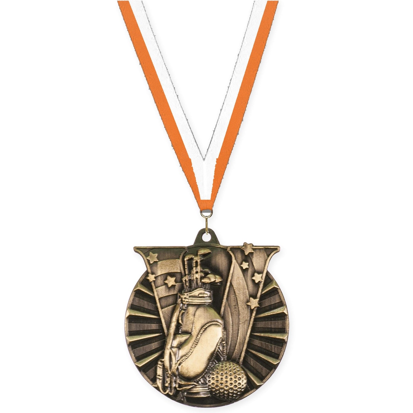 2 inch golf Victory medal in antique gold with Orange White neck ribbon