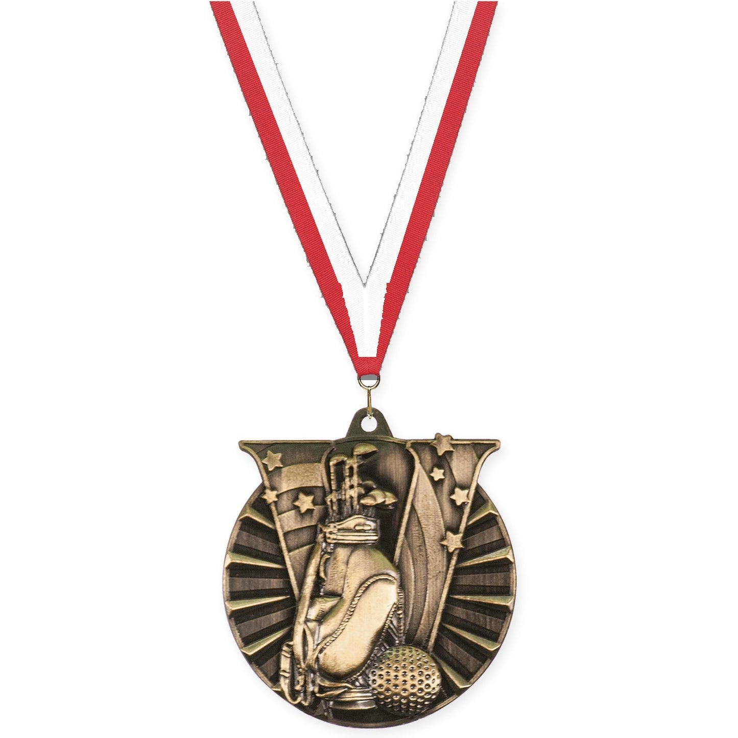 2 inch golf Victory medal in antique gold with Red White neck ribbon