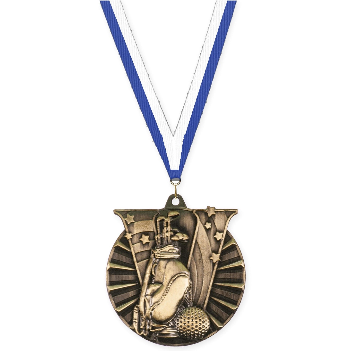 2 inch golf Victory medal in antique gold with Blue White neck ribbon