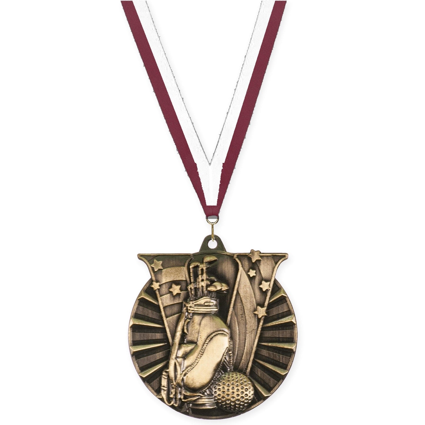 2 inch golf Victory medal in antique gold with Maroon White neck ribbon