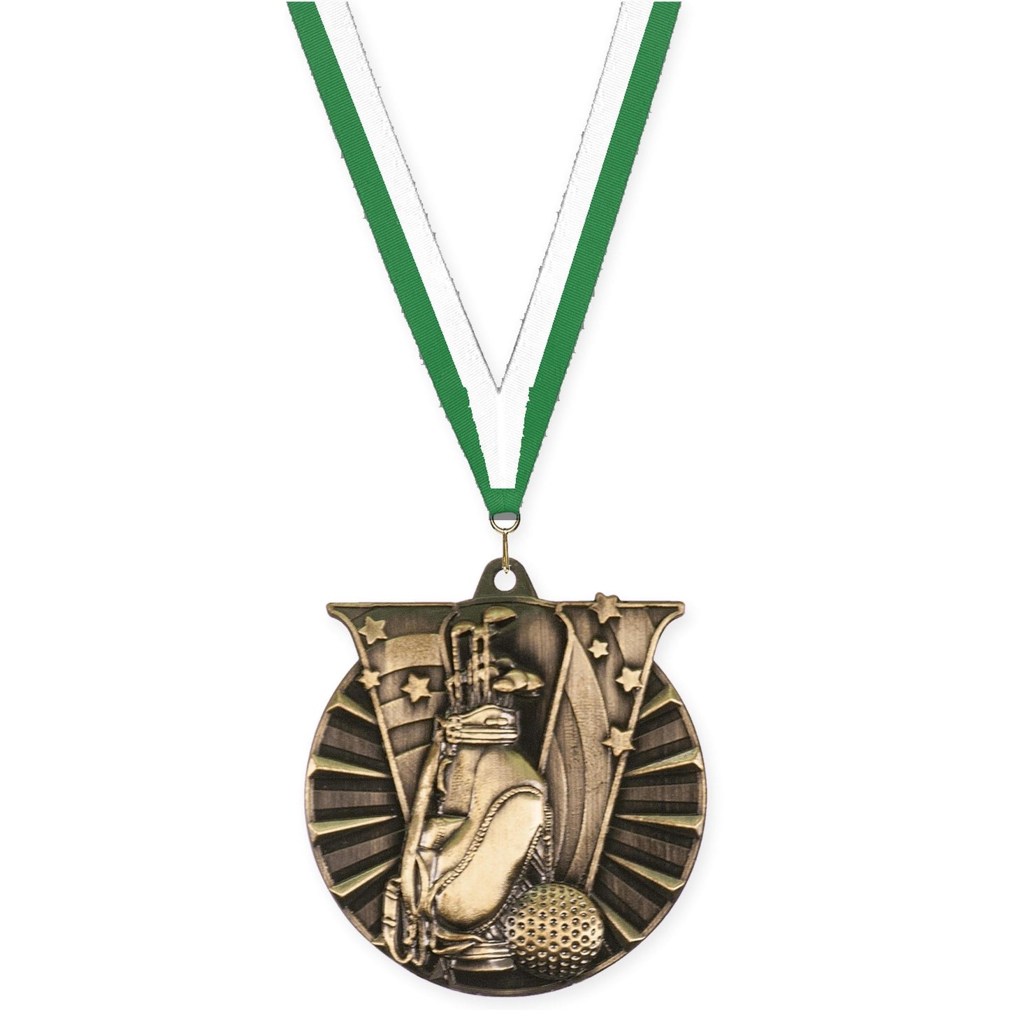 2 inch golf Victory medal in antique gold with Green White neck ribbon