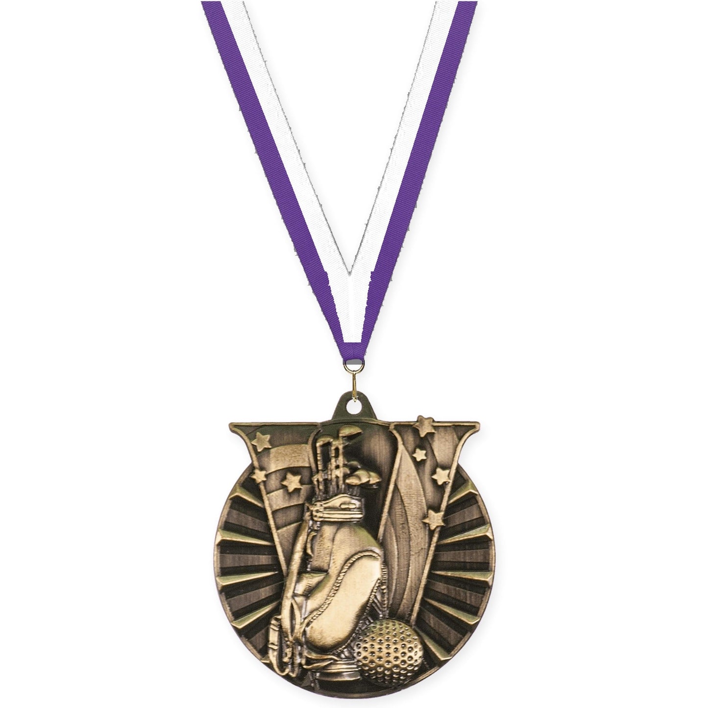 2 inch golf Victory medal in antique gold with Purple White neck ribbon