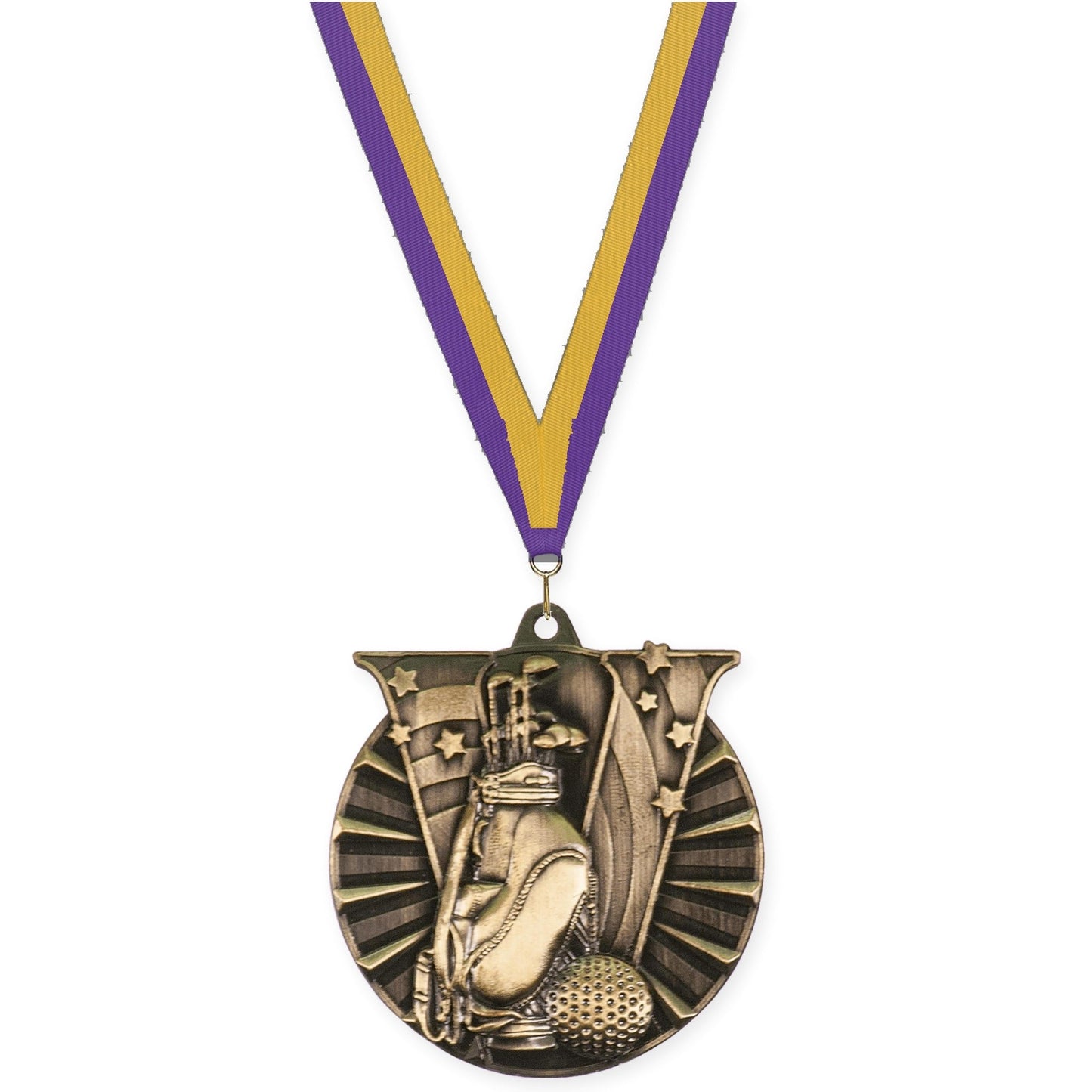 2 inch golf Victory medal in antique gold with Purple Gold neck ribbon