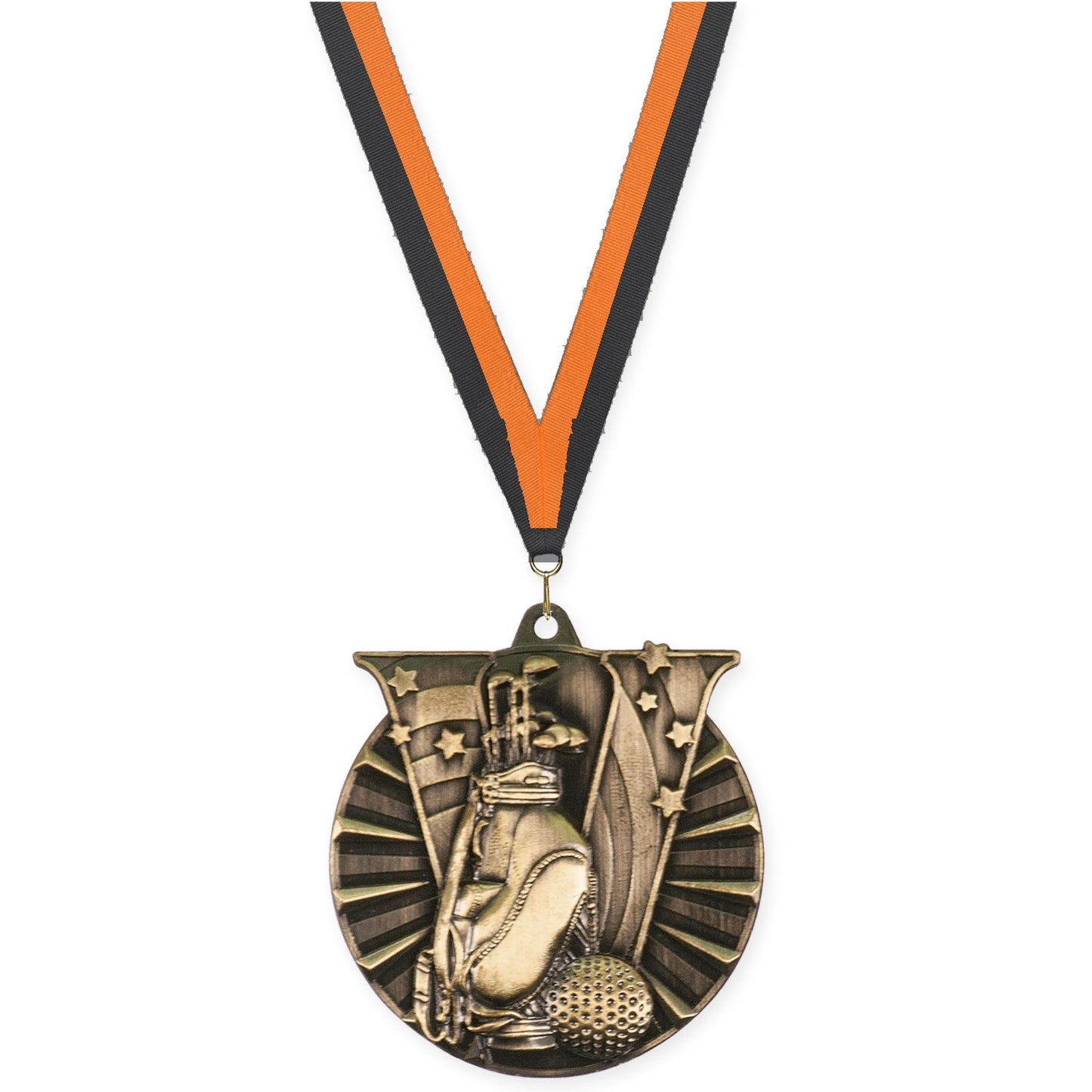 2 inch golf Victory medal in antique gold with Black Orange neck ribbon