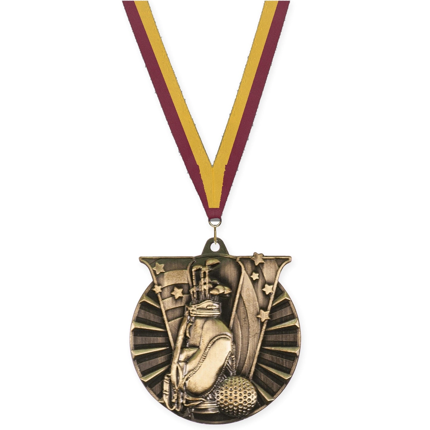 2 inch golf Victory medal in antique gold with Maroon Gold neck ribbon