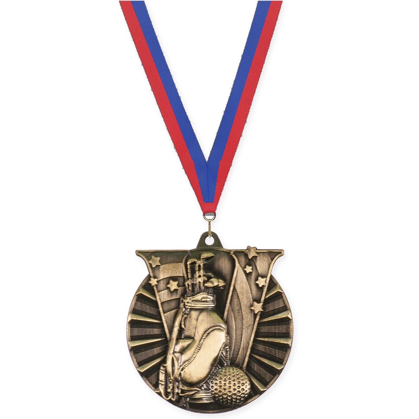 2 inch golf Victory medal in antique gold with Blue Red neck ribbon