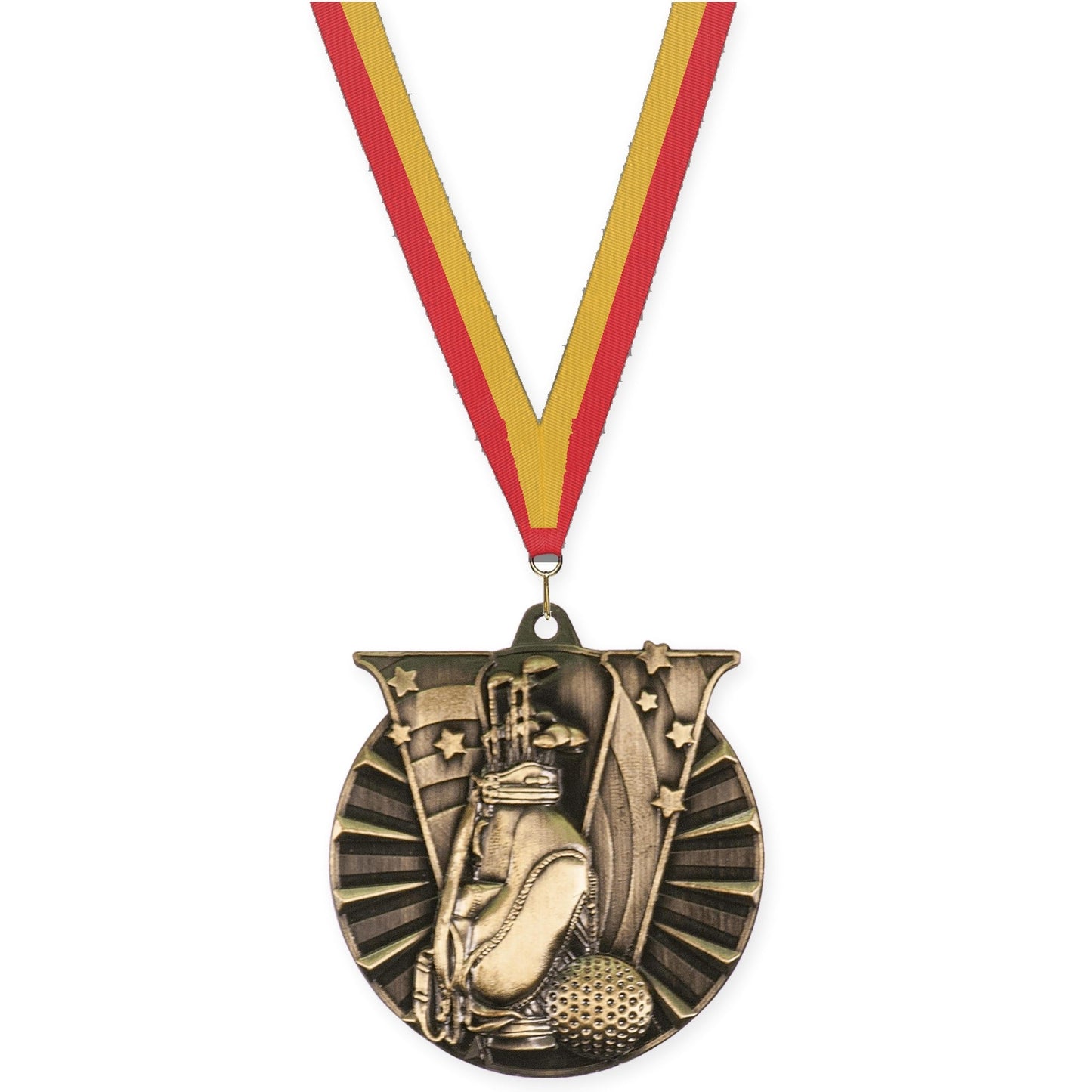 2 inch golf Victory medal in antique gold with Red Gold neck ribbon