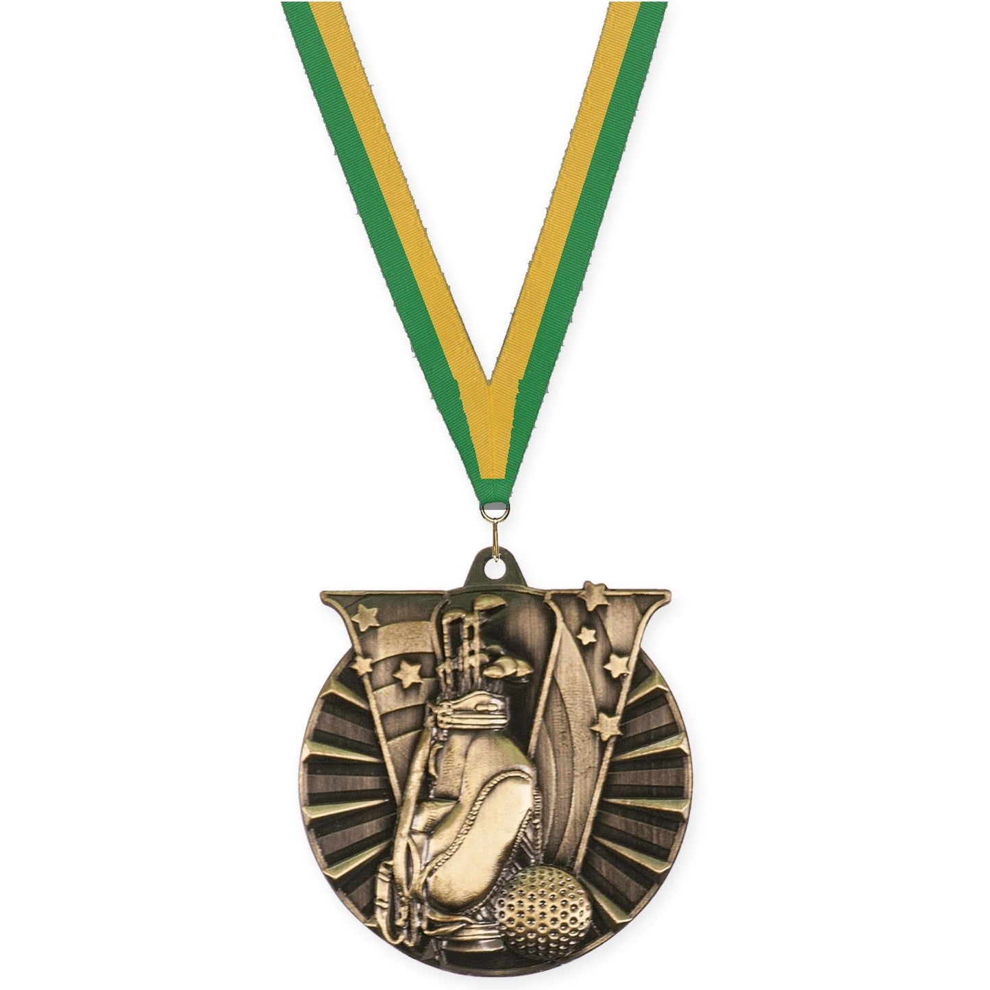 2 inch golf Victory medal in antique gold with Green Gold neck ribbon