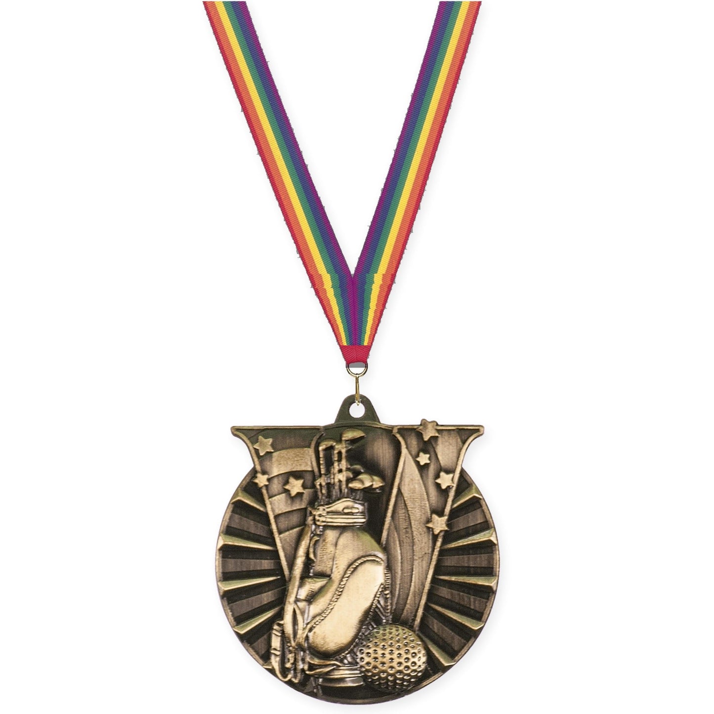 2 inch golf Victory medal in antique gold with Rainbow neck ribbon