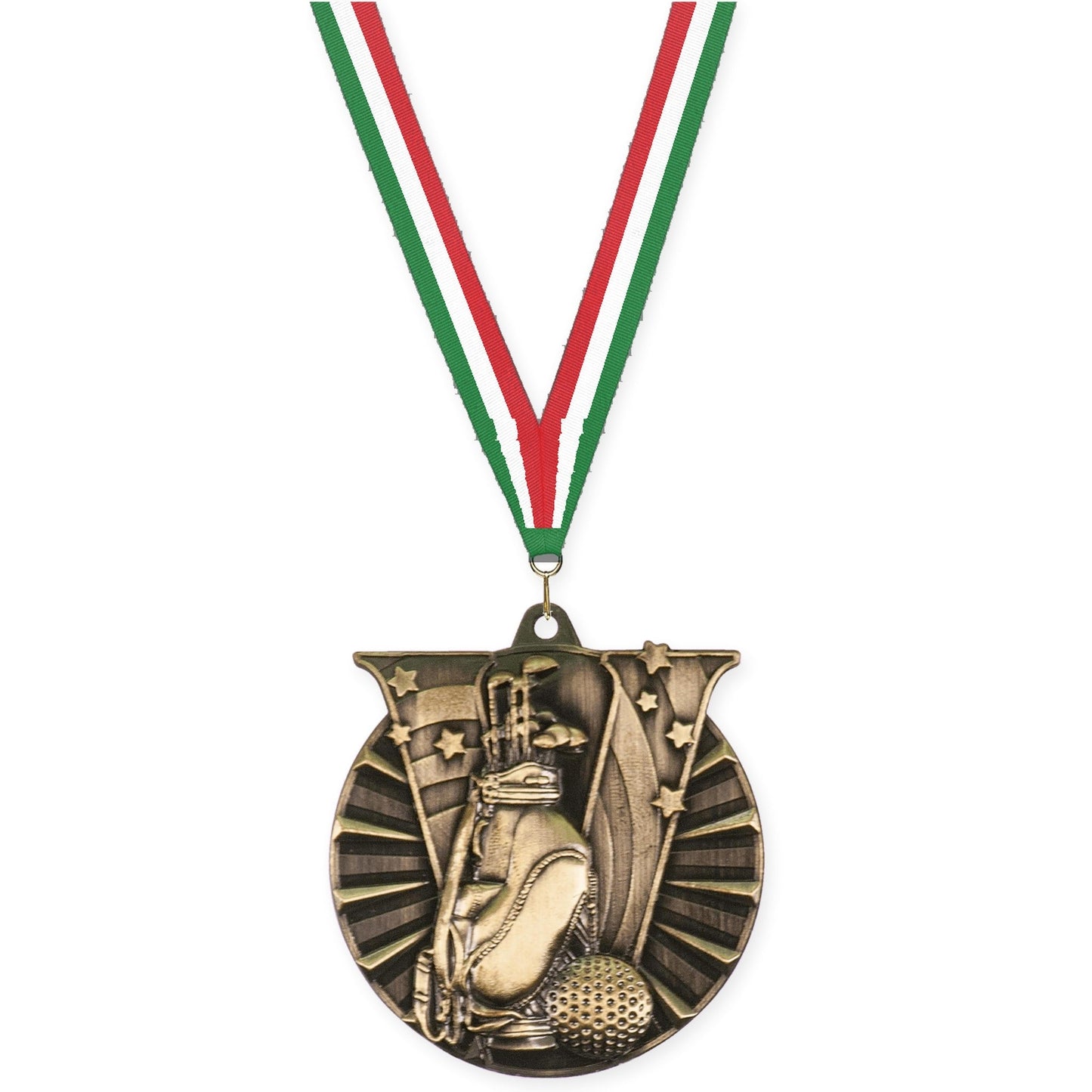 2 inch golf Victory medal in antique gold with Green White Red neck ribbon