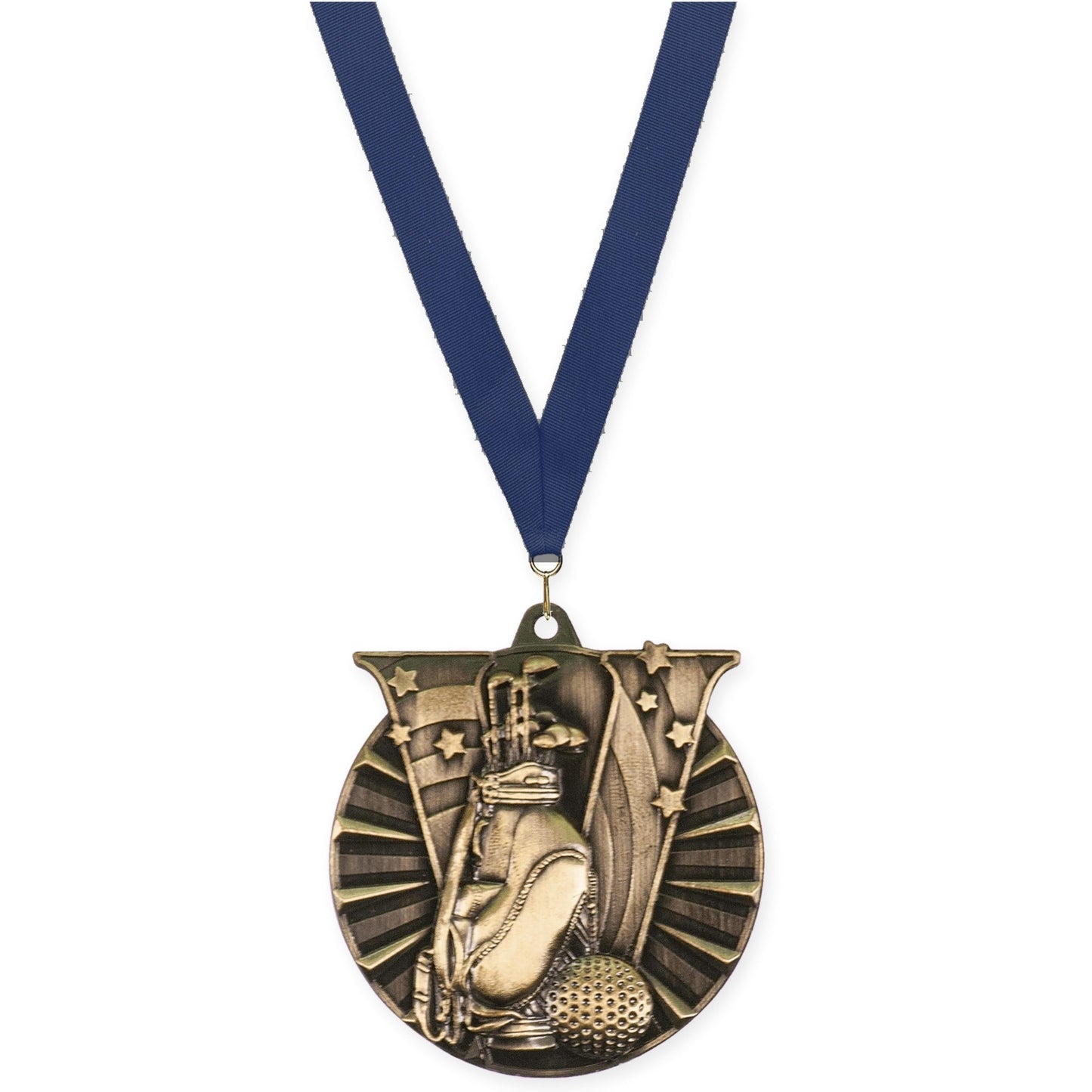 2 inch golf Victory medal in antique gold with Navy neck ribbon