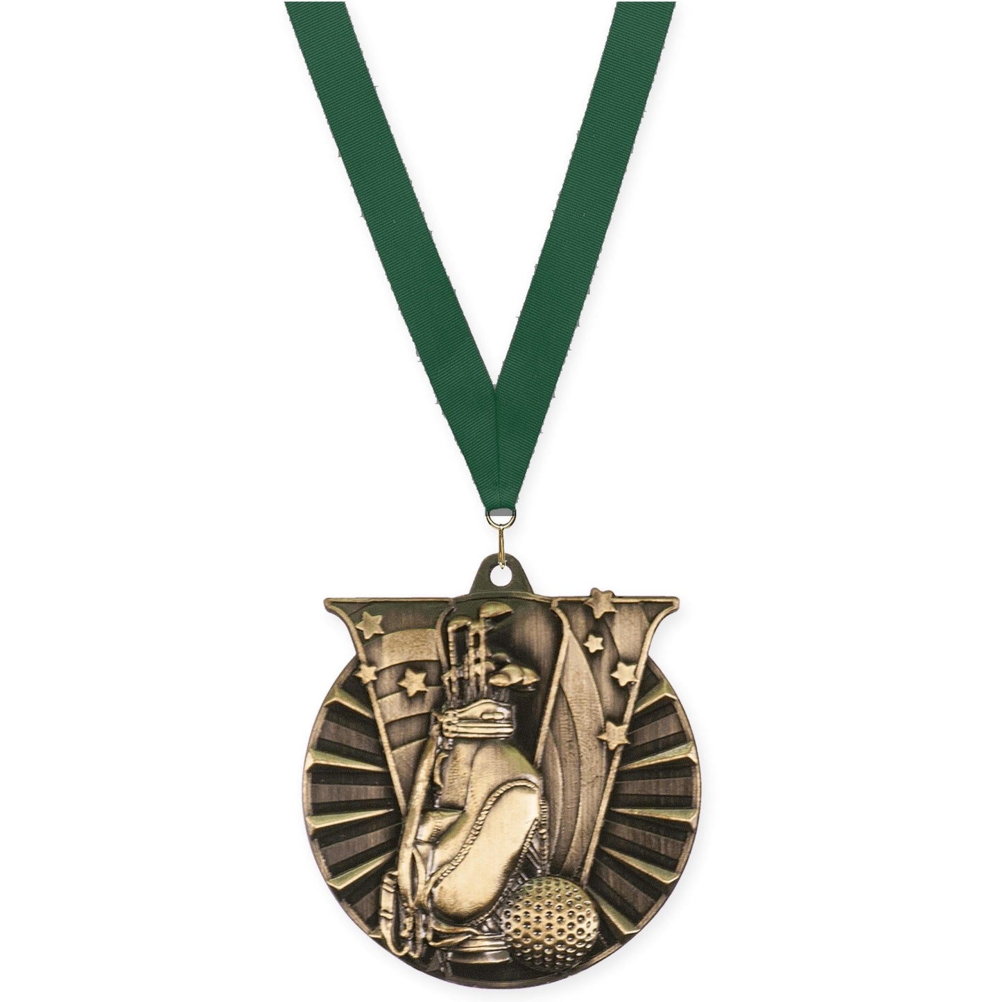 2 inch golf Victory medal in antique gold with Hunter Green neck ribbon