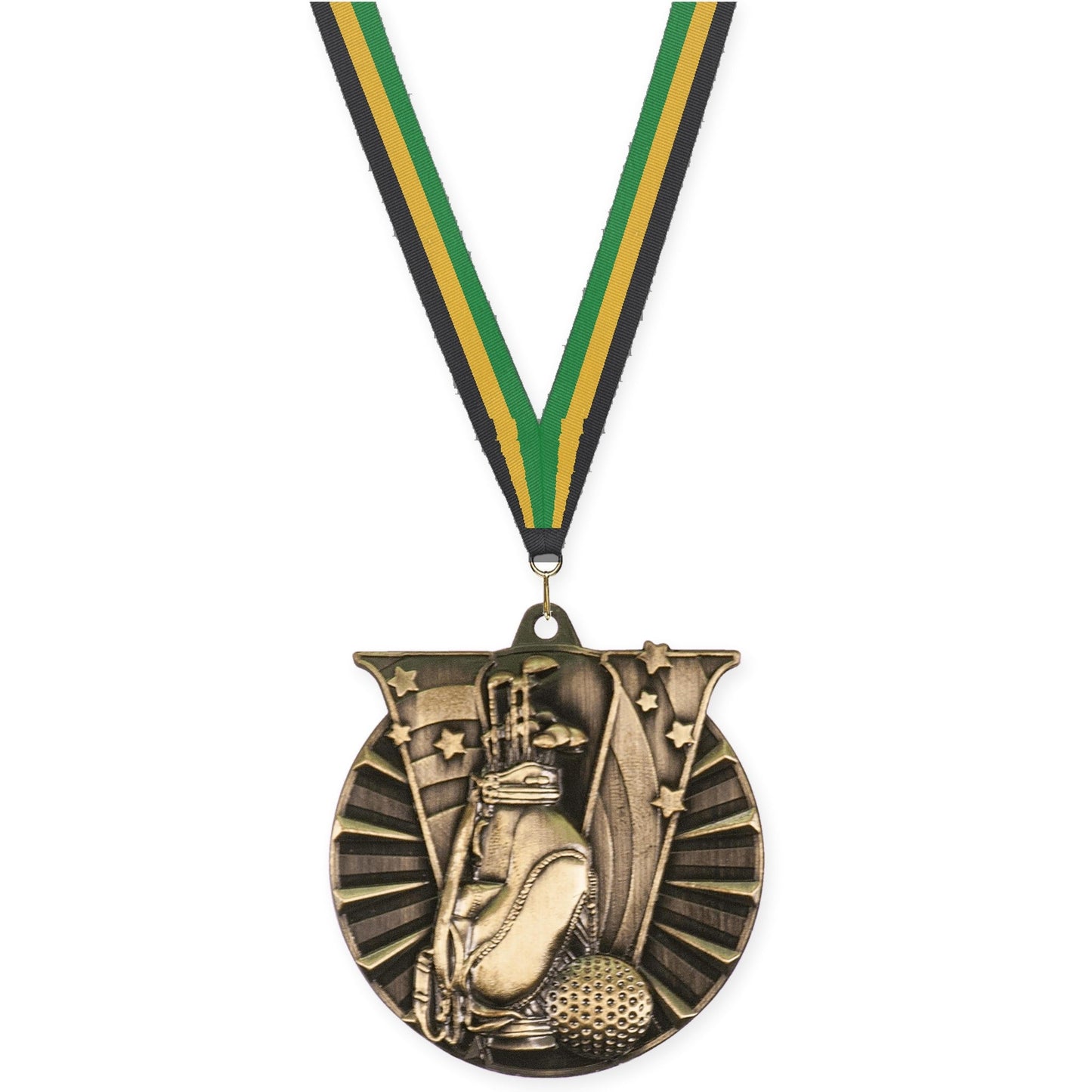 2 inch golf Victory medal in antique gold with Black Gold Green neck ribbon