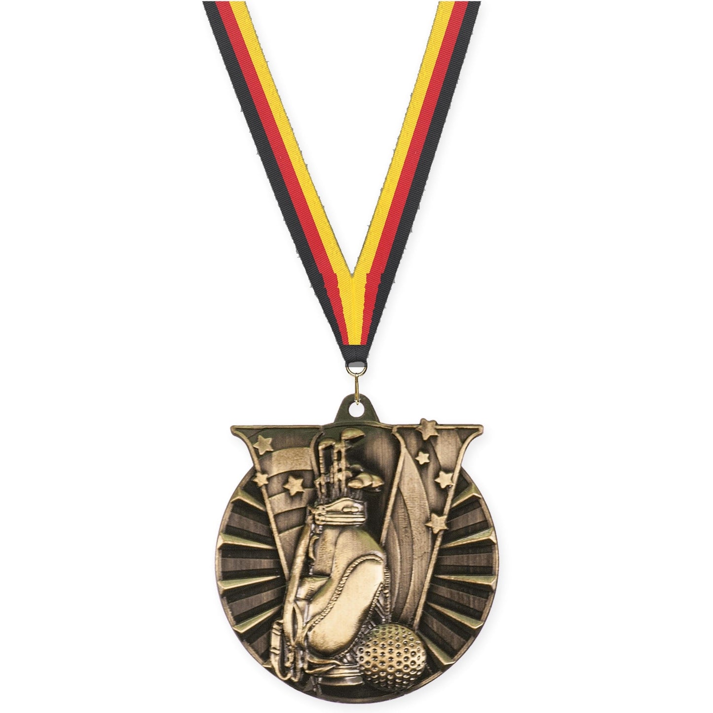 2 inch golf Victory medal in antique gold with Black Red Yellow neck ribbon