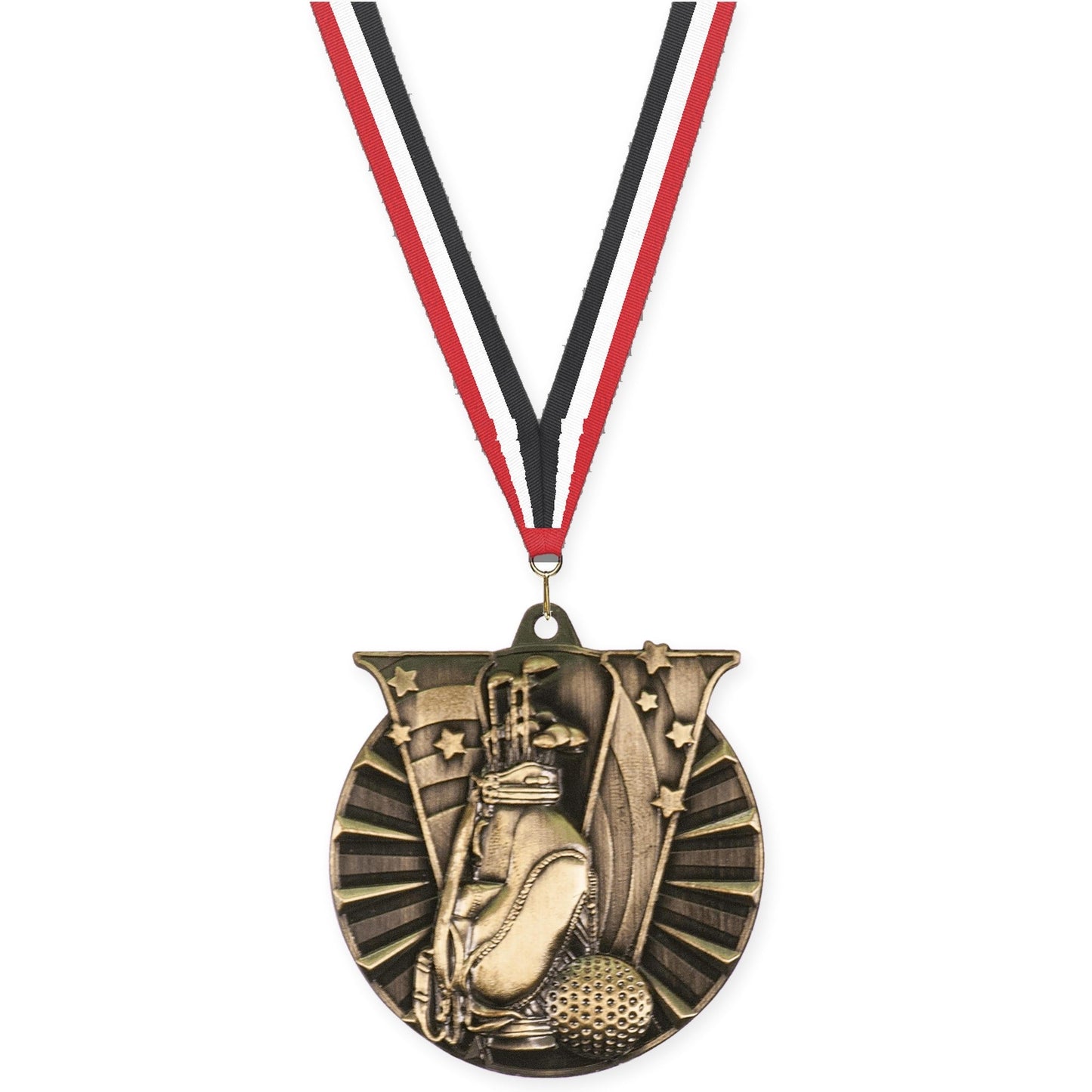 2 inch golf Victory medal in antique gold with Red White Black neck ribbon