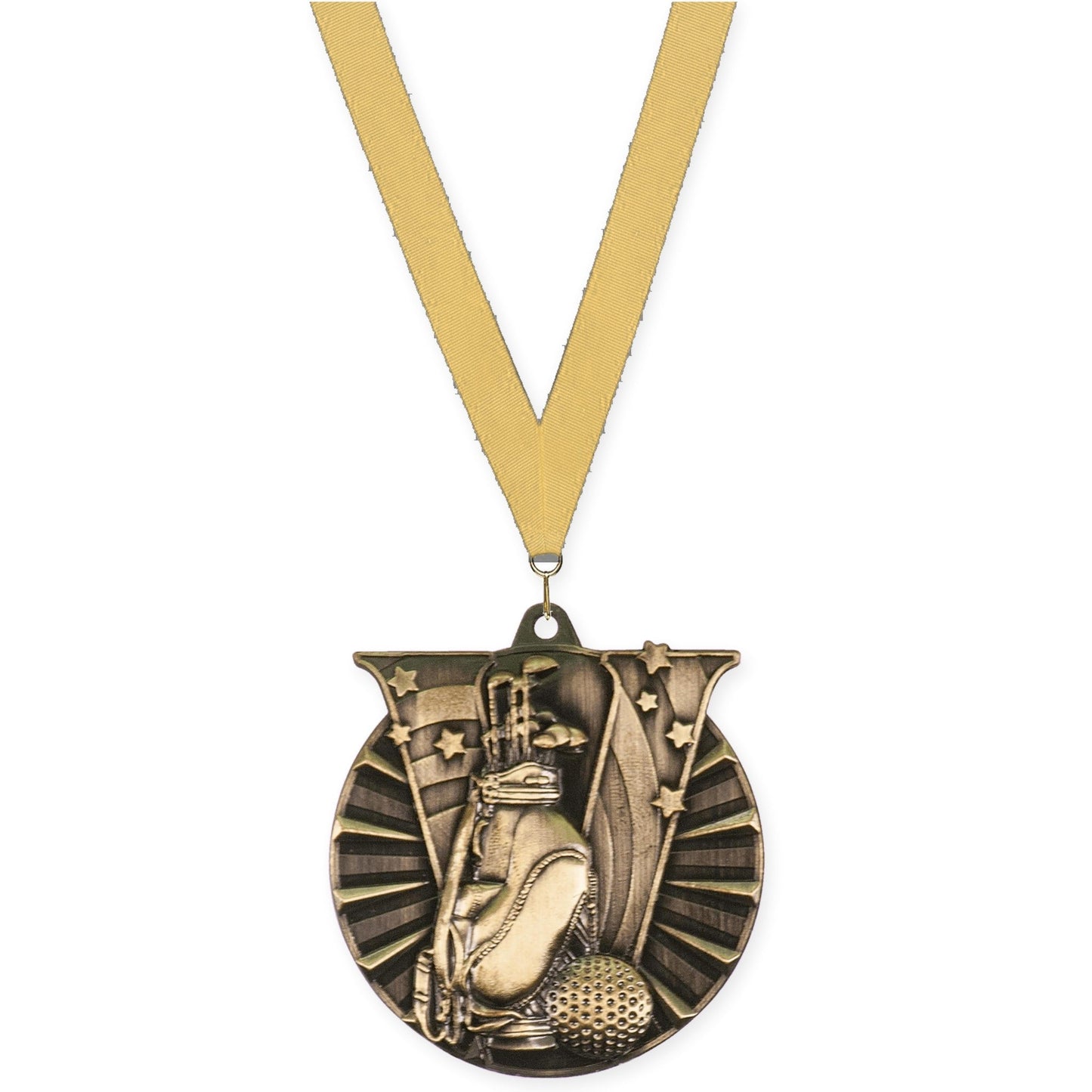 2 inch golf Victory medal in antique gold with Gold Metallic neck ribbon