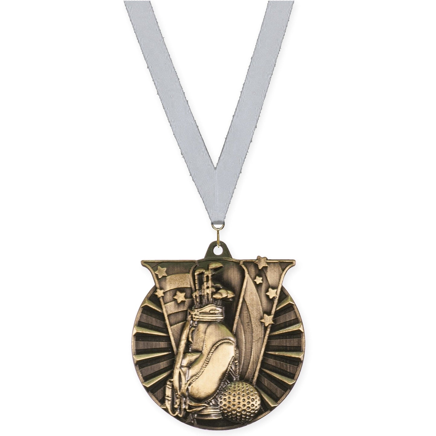 2 inch golf Victory medal in antique gold with Silver Metallic neck ribbon