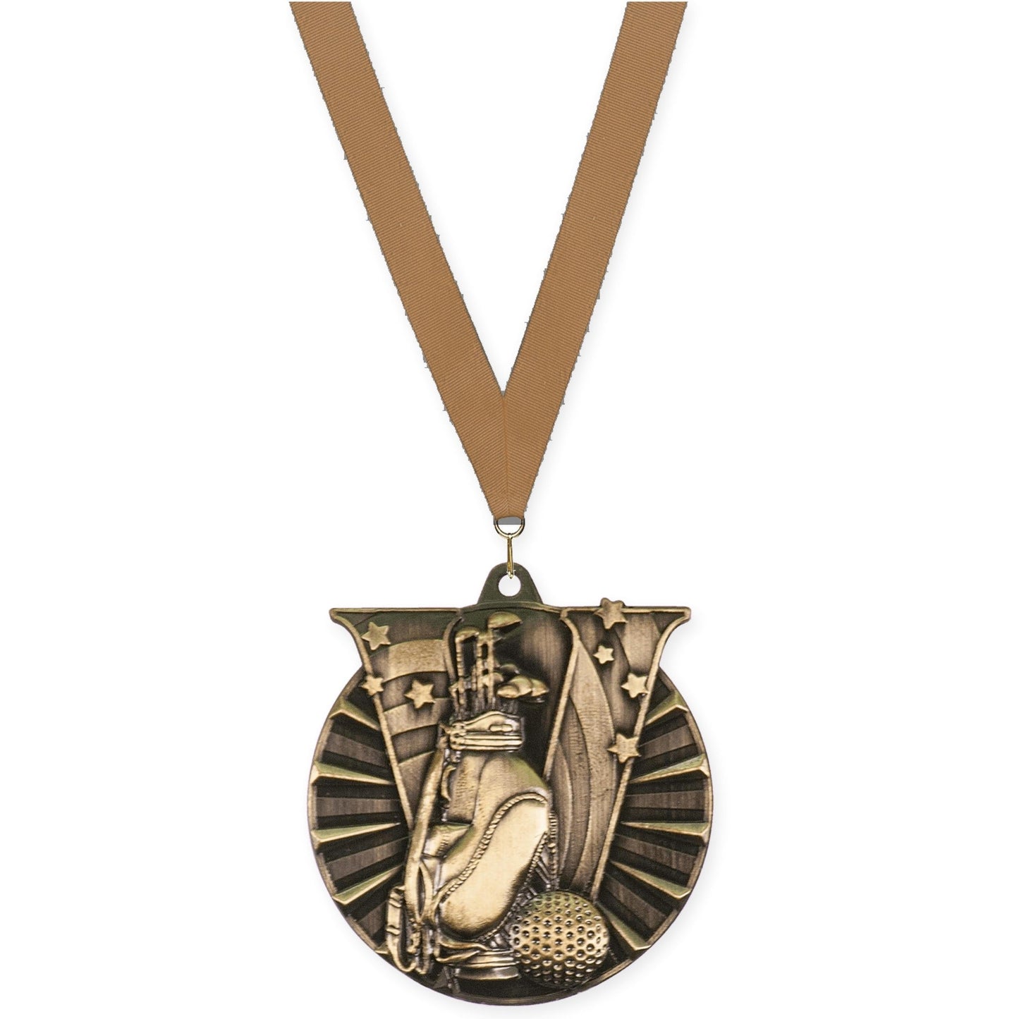 2 inch golf Victory medal in antique gold with Bronze Metallic neck ribbon