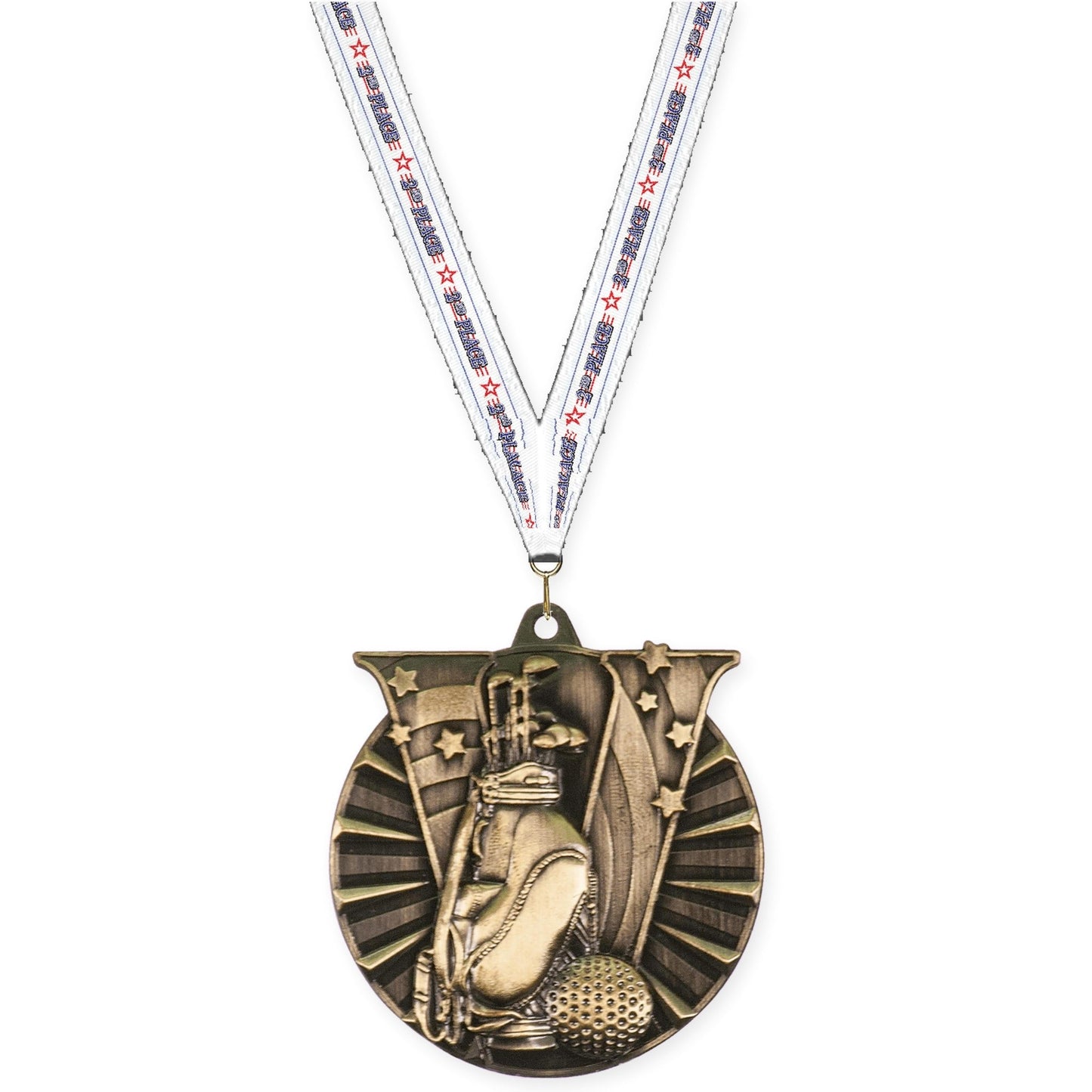 2 inch golf Victory medal in antique gold with 2nd Place neck ribbon