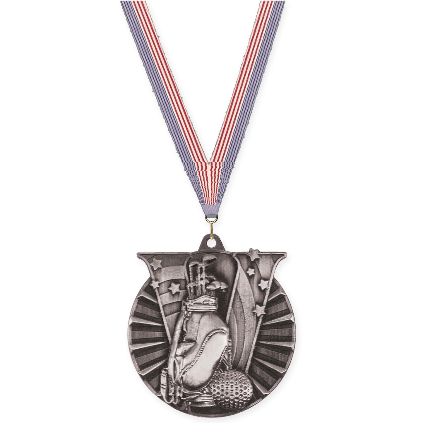 2 inch golf Victory medal in antique silver with USA Flag neck ribbon