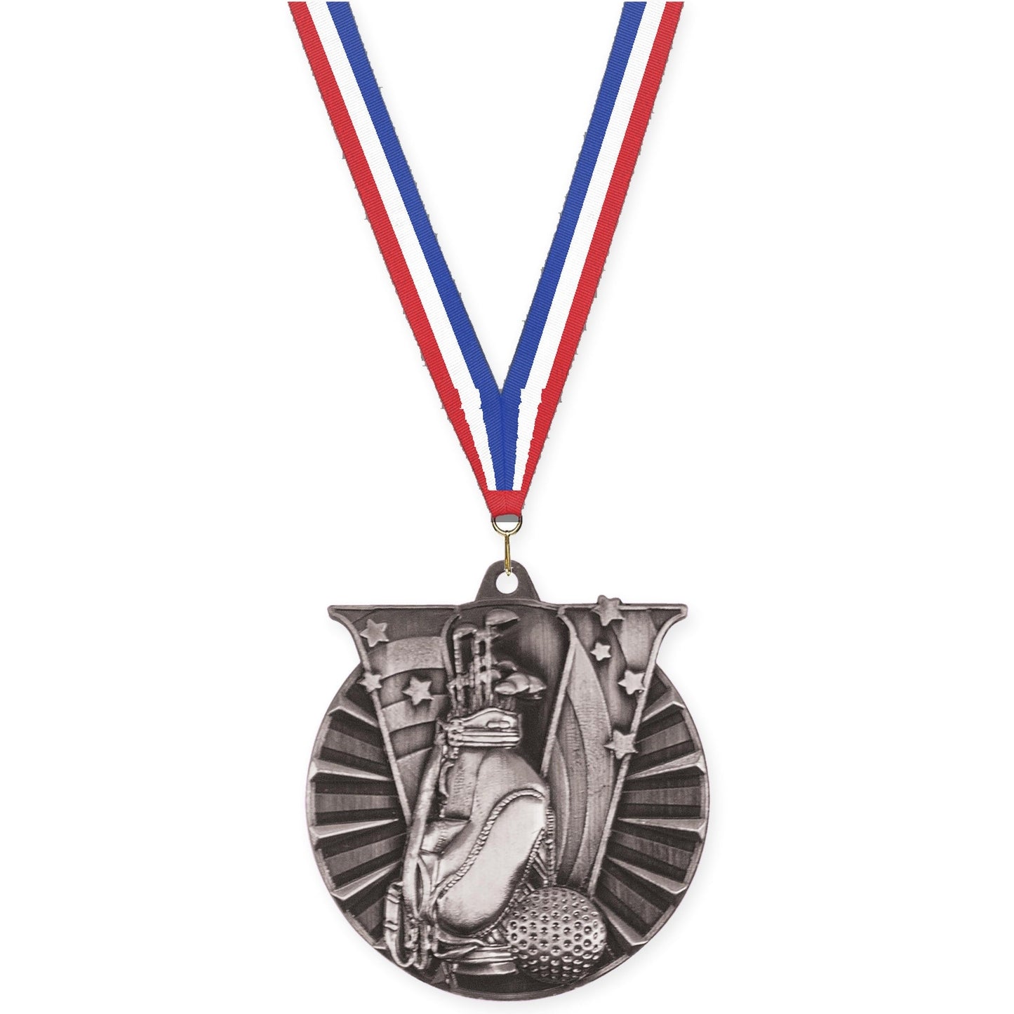 2 inch golf Victory medal in antique silver with Red White Blue neck ribbon