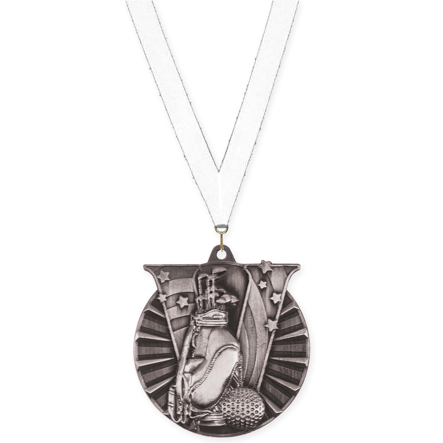 2 inch golf Victory medal in antique silver with White neck ribbon