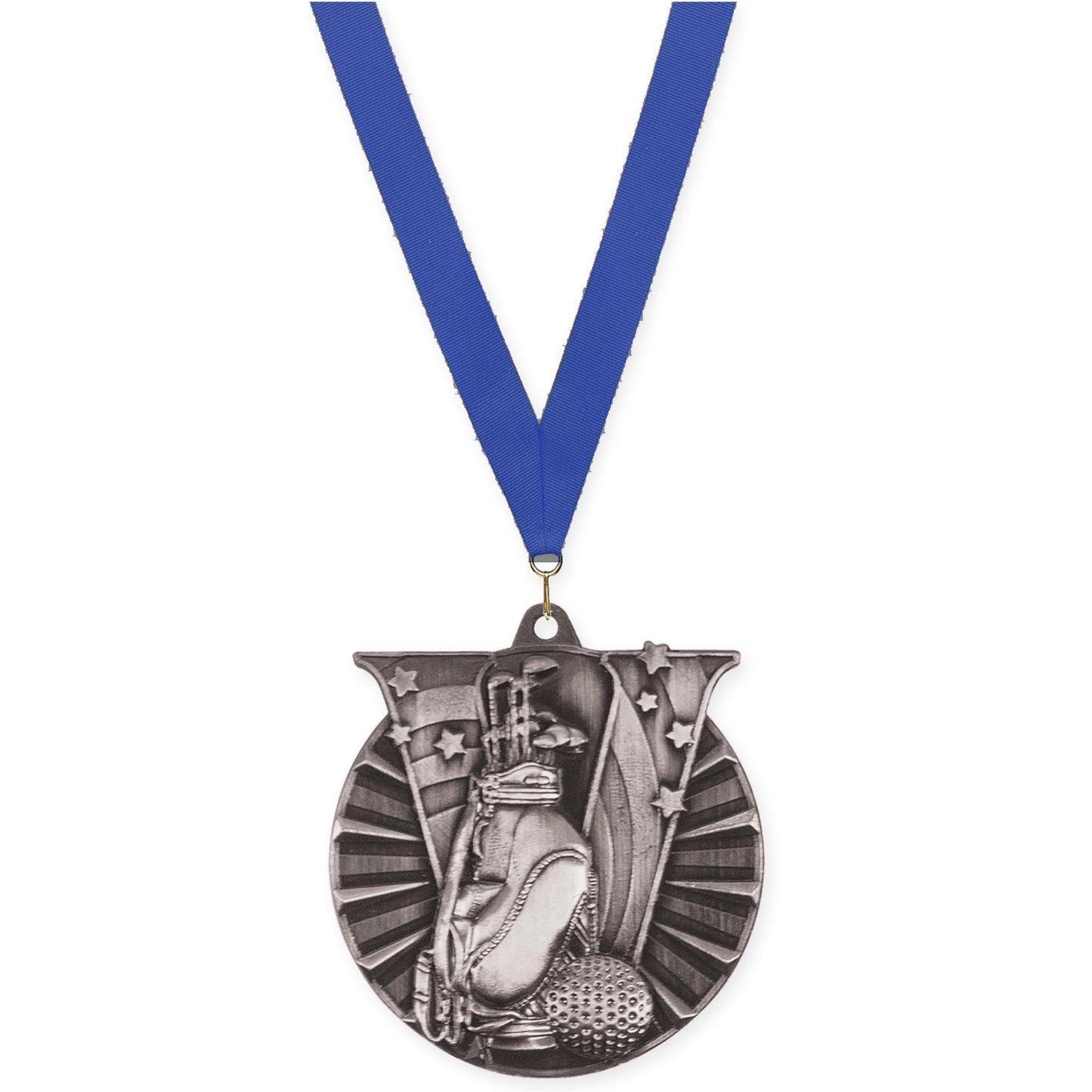 2 inch golf Victory medal in antique silver with Blue neck ribbon