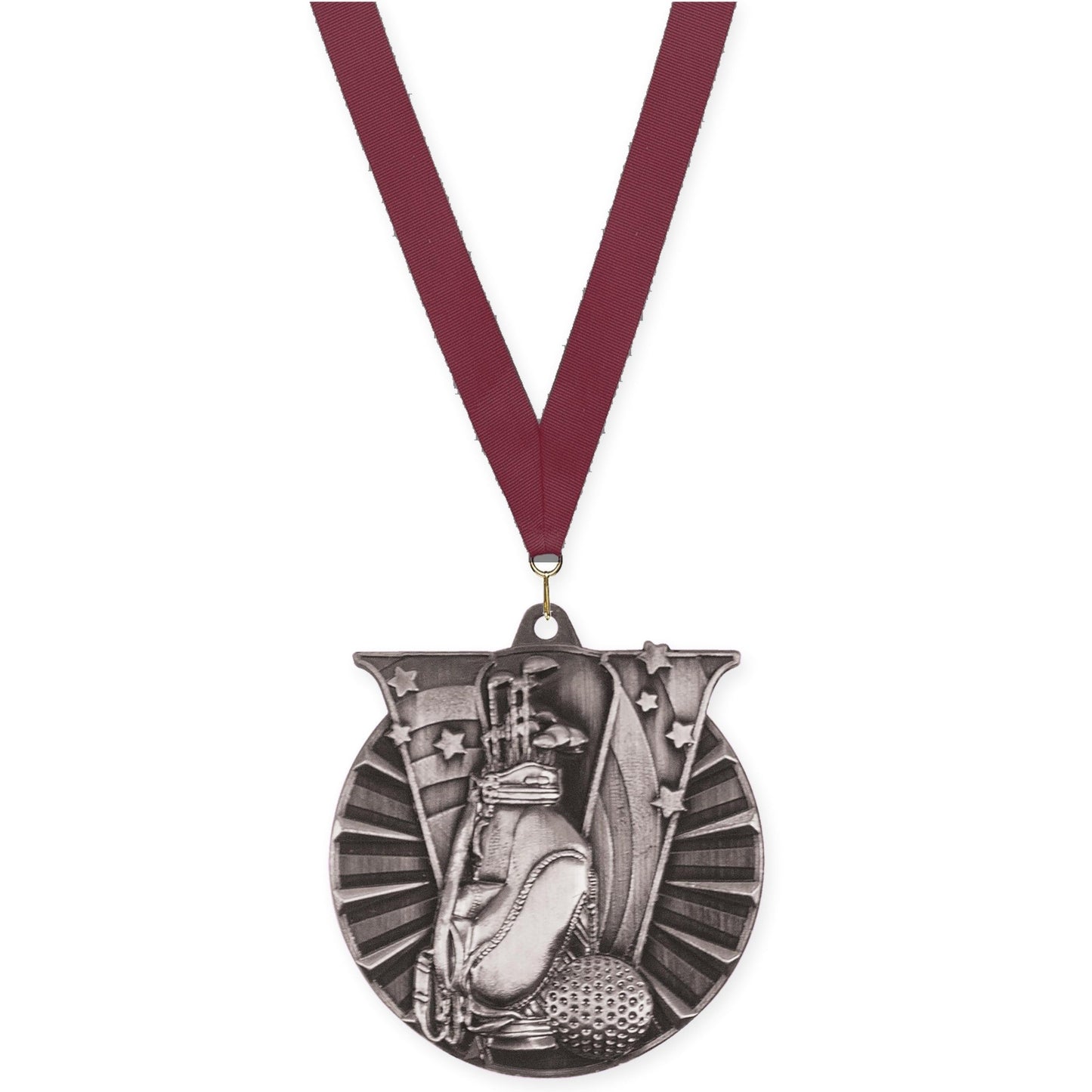 2 inch golf Victory medal in antique silver with Maroon neck ribbon