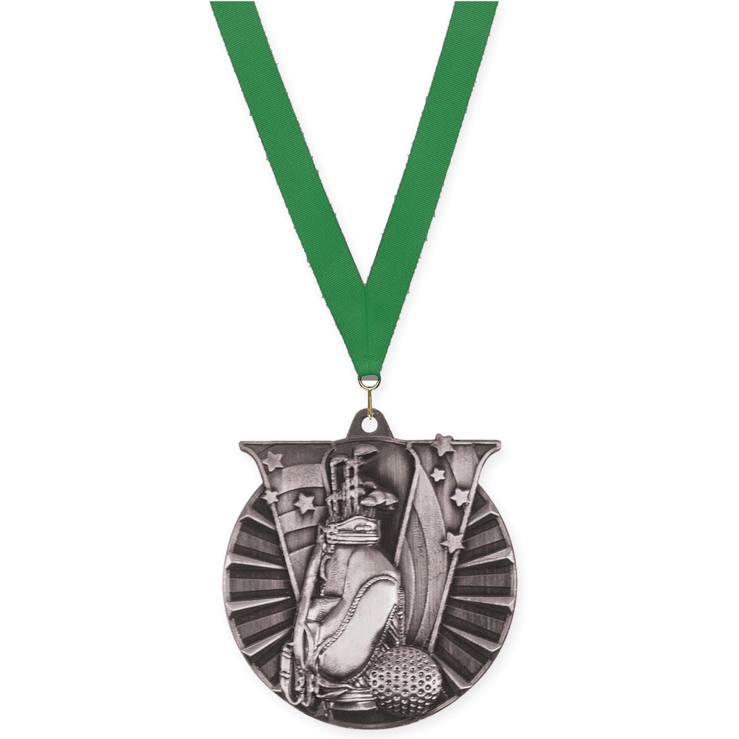 2 inch golf Victory medal in antique silver with Green neck ribbon