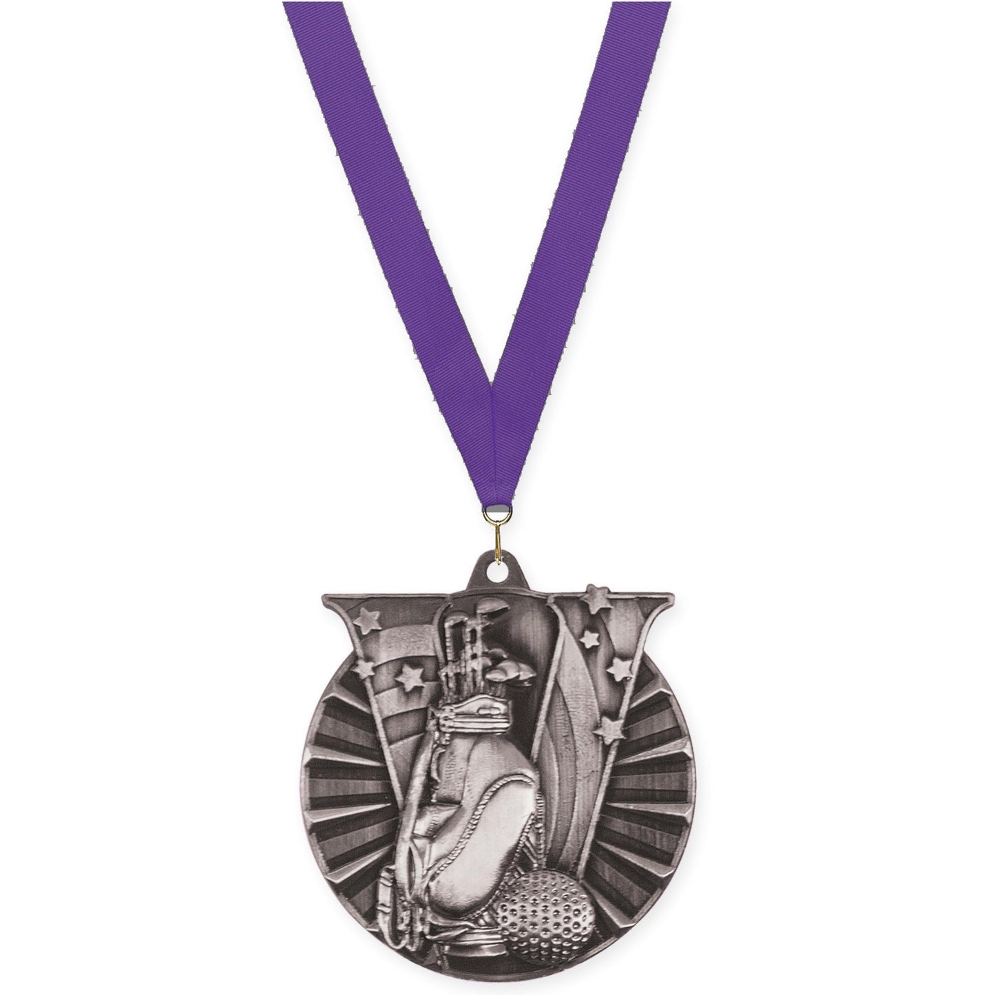 2 inch golf Victory medal in antique silver with Purple neck ribbon
