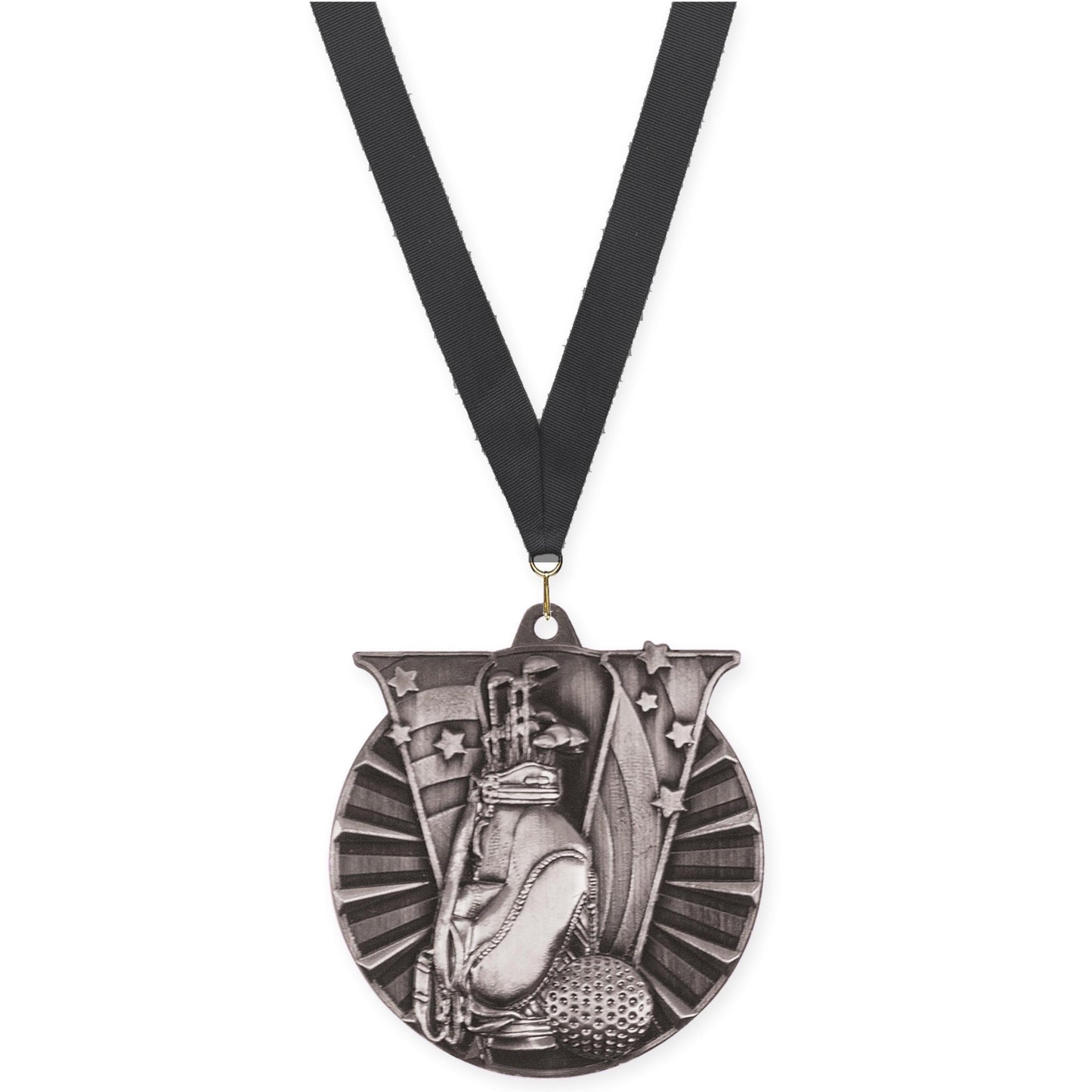 2 inch golf Victory medal in antique silver with Black neck ribbon