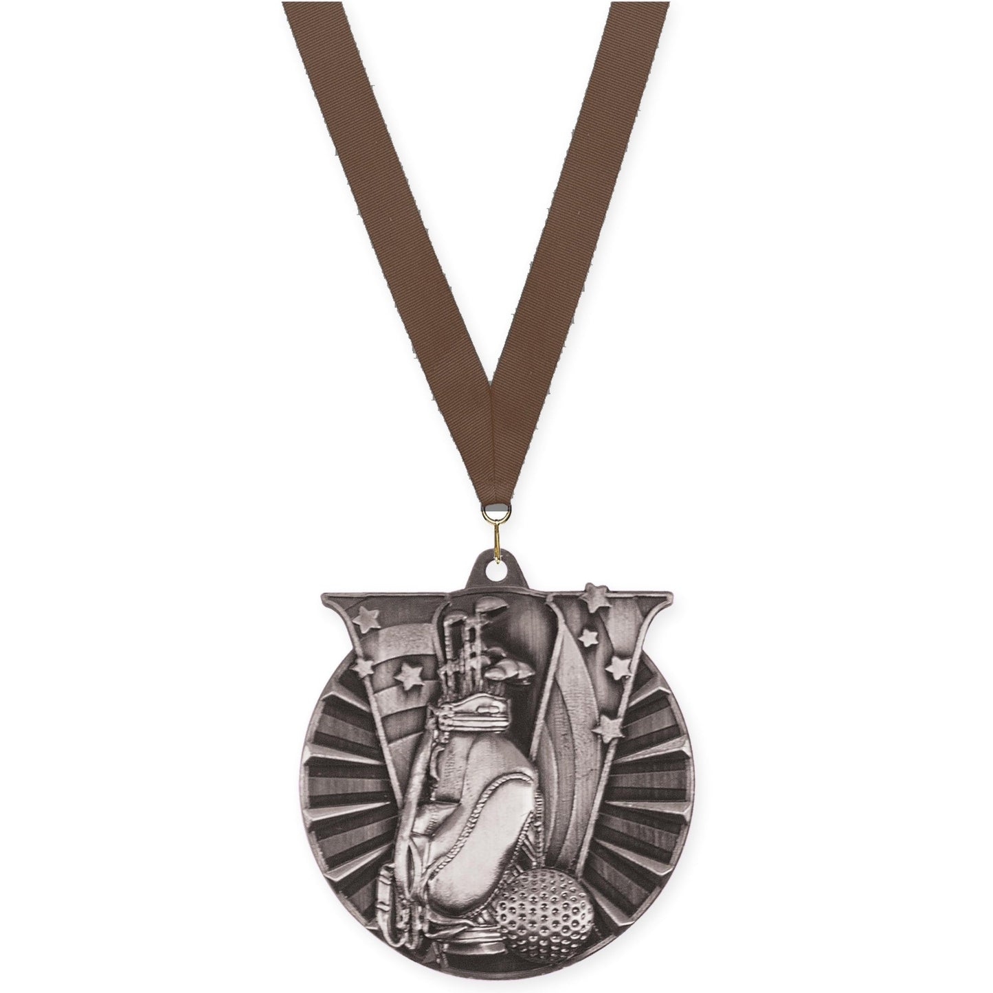 2 inch golf Victory medal in antique silver with Brown neck ribbon