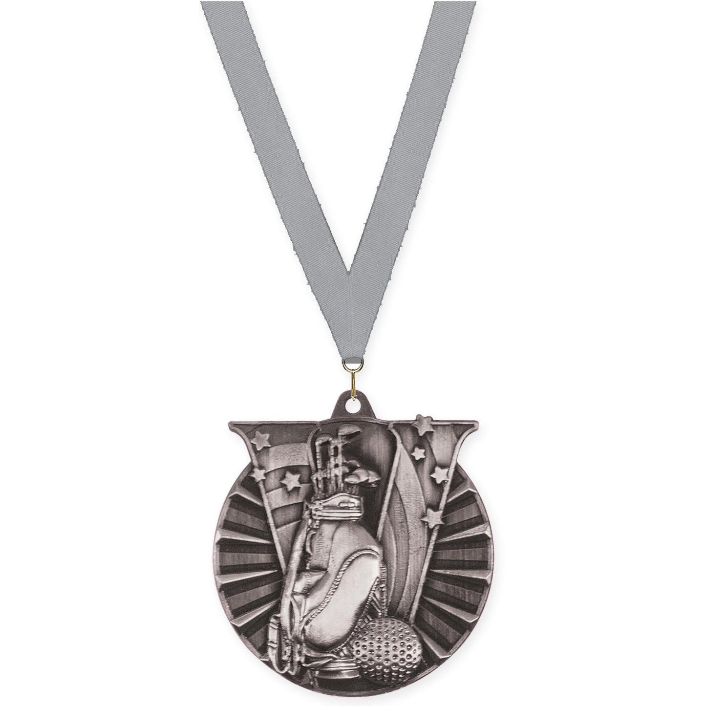 2 inch golf Victory medal in antique silver with Gray neck ribbon