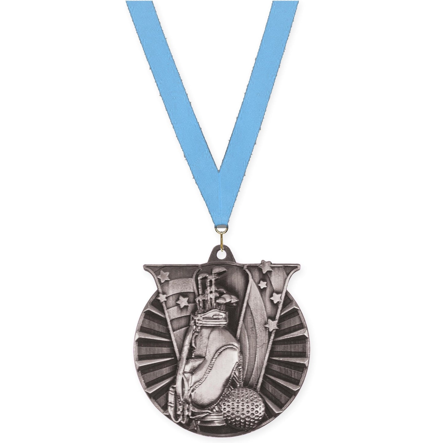 2 inch golf Victory medal in antique silver with Light Blue neck ribbon