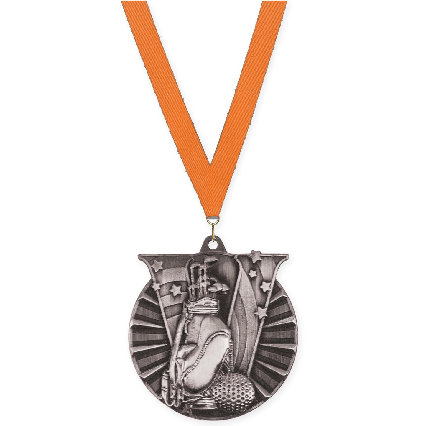 2 inch golf Victory medal in antique silver with Orange neck ribbon