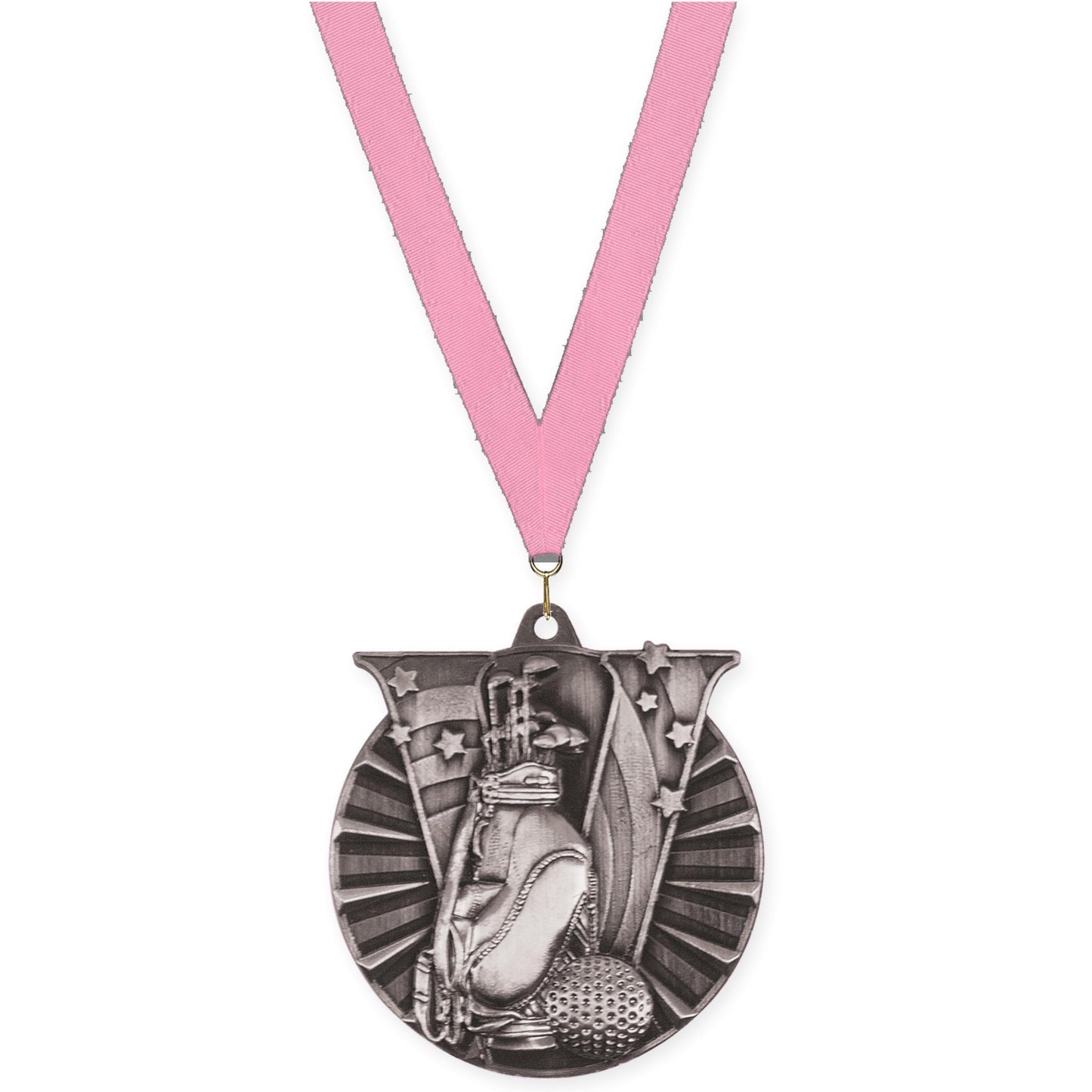 2 inch golf Victory medal in antique silver with Pink neck ribbon