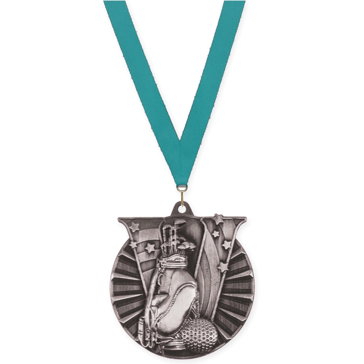 2 inch golf Victory medal in antique silver with Teal neck ribbon