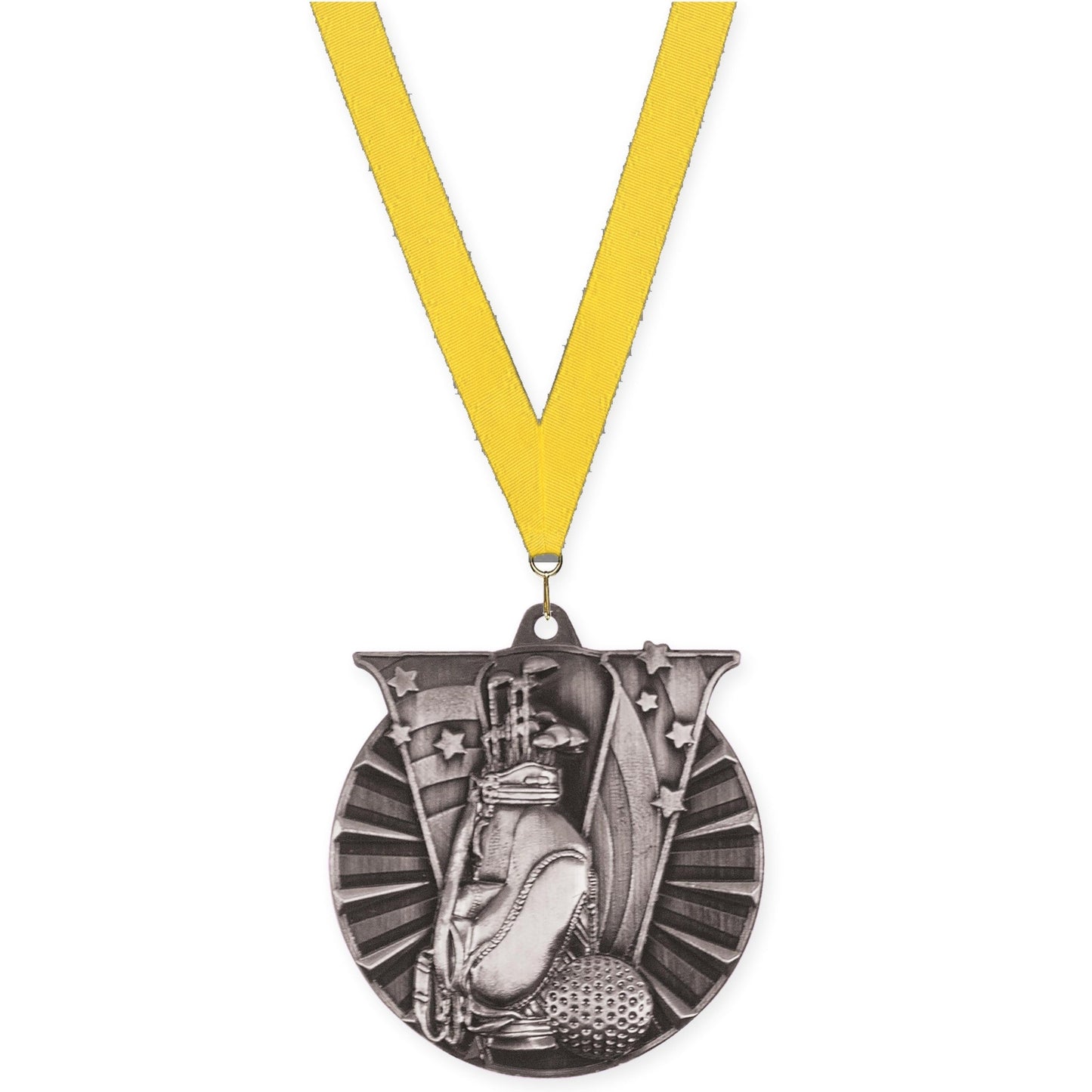 2 inch golf Victory medal in antique silver with Yellow neck ribbon