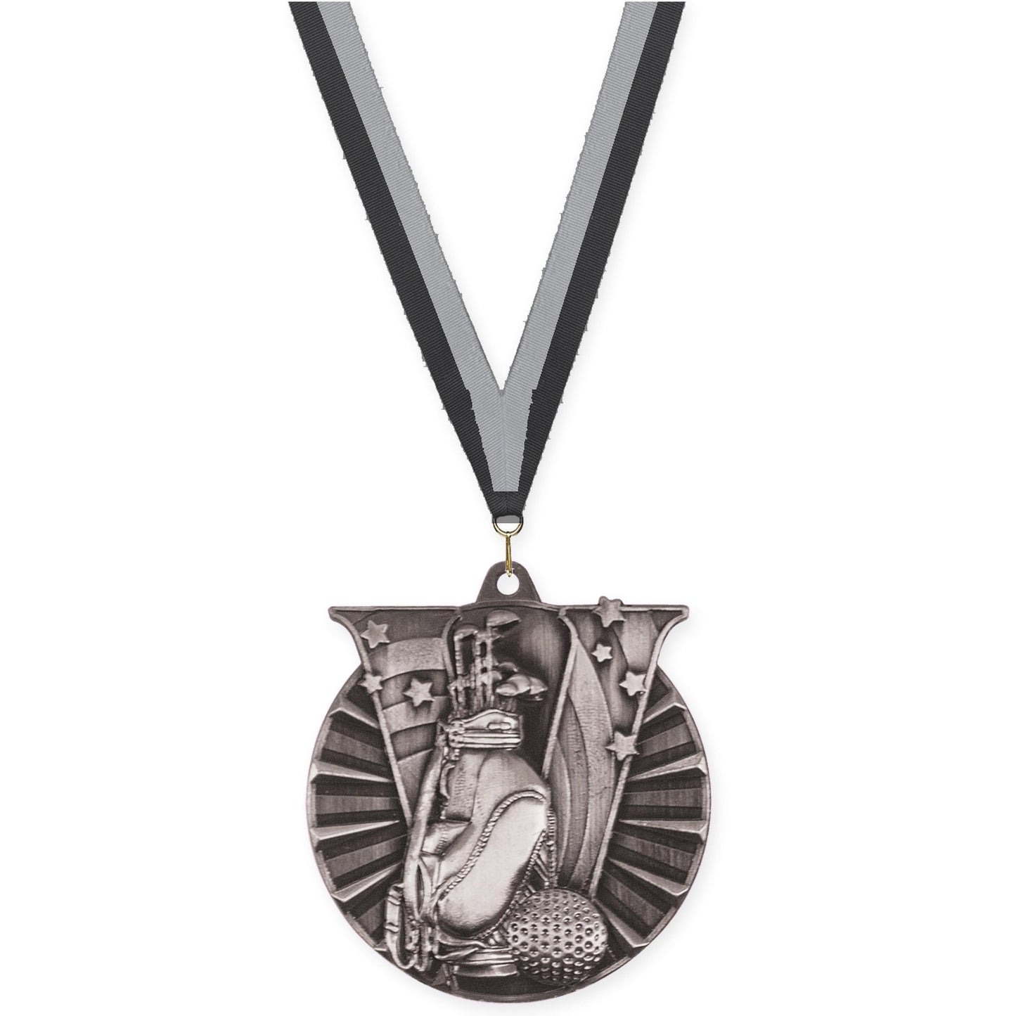 2 inch golf Victory medal in antique silver with Black Gray neck ribbon